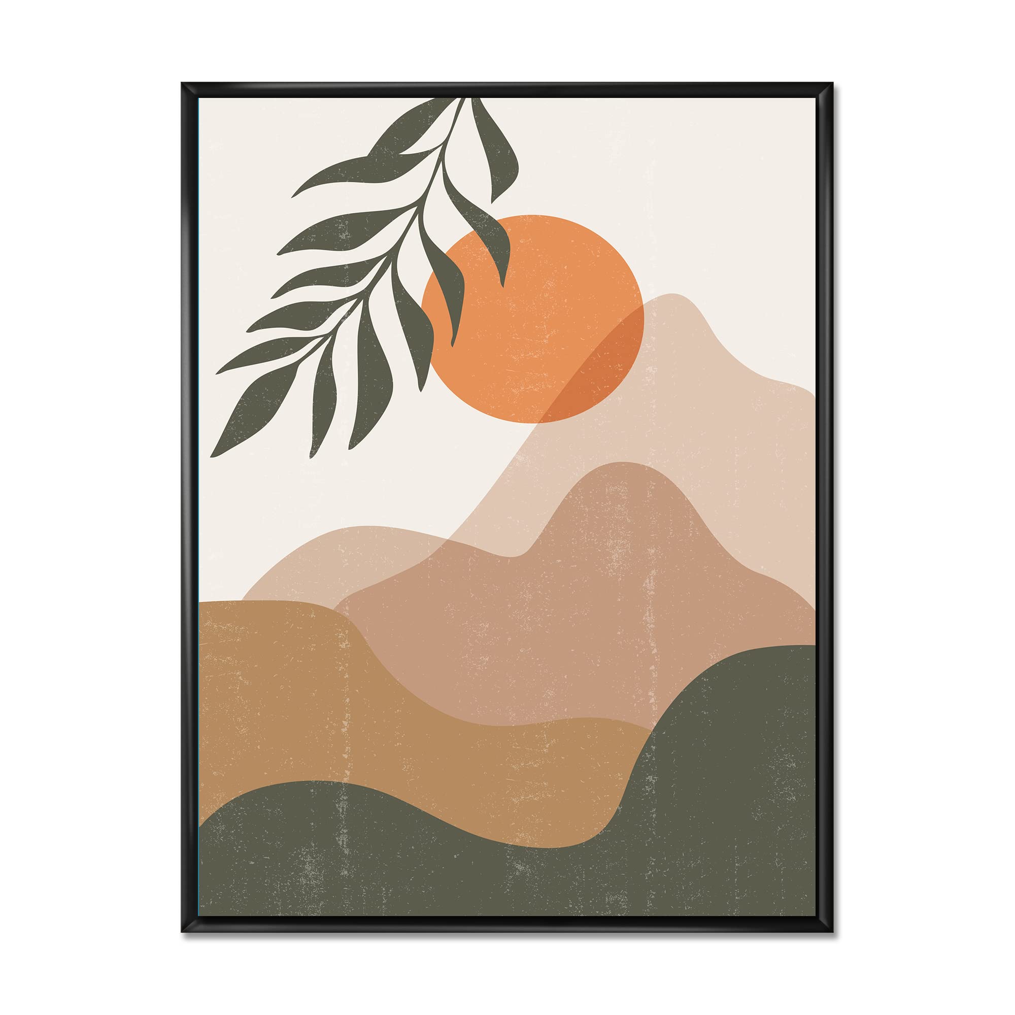 Abstract Red Moon in Earth Toned Mountains Framed Canvas Wall Art Print - Modern Home Decor for Living Room, Bedroom & Office