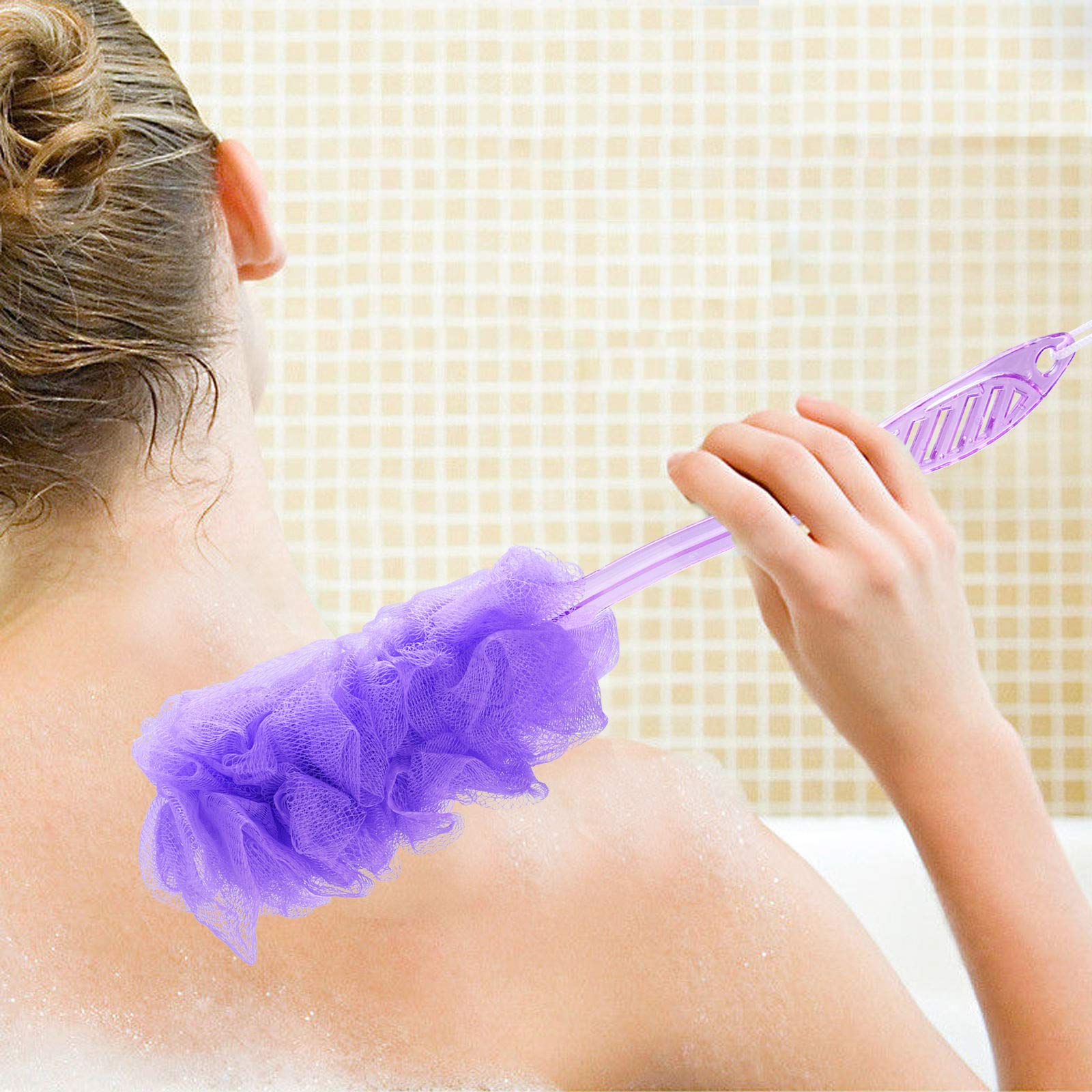 Exfoliating Bath Brush Set of 2 - Long Handle Body Brush & Loofah Sponge Pouf for Women | Shower Essentials for Smooth Skin | Perfect for Daily Cleansing & Spa Days