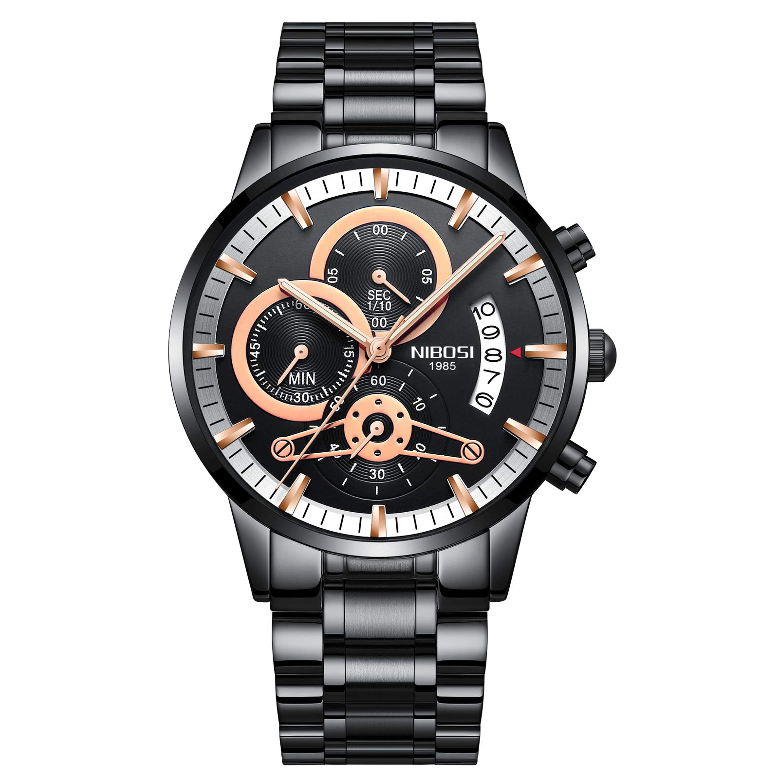 Men's Chronograph Sports Watch - Waterproof 30M Stainless Steel Quartz Business Wristwatch (Black Rose Gold) for Casual, Office & Outdoor Activities | Perfect Gift for Men
