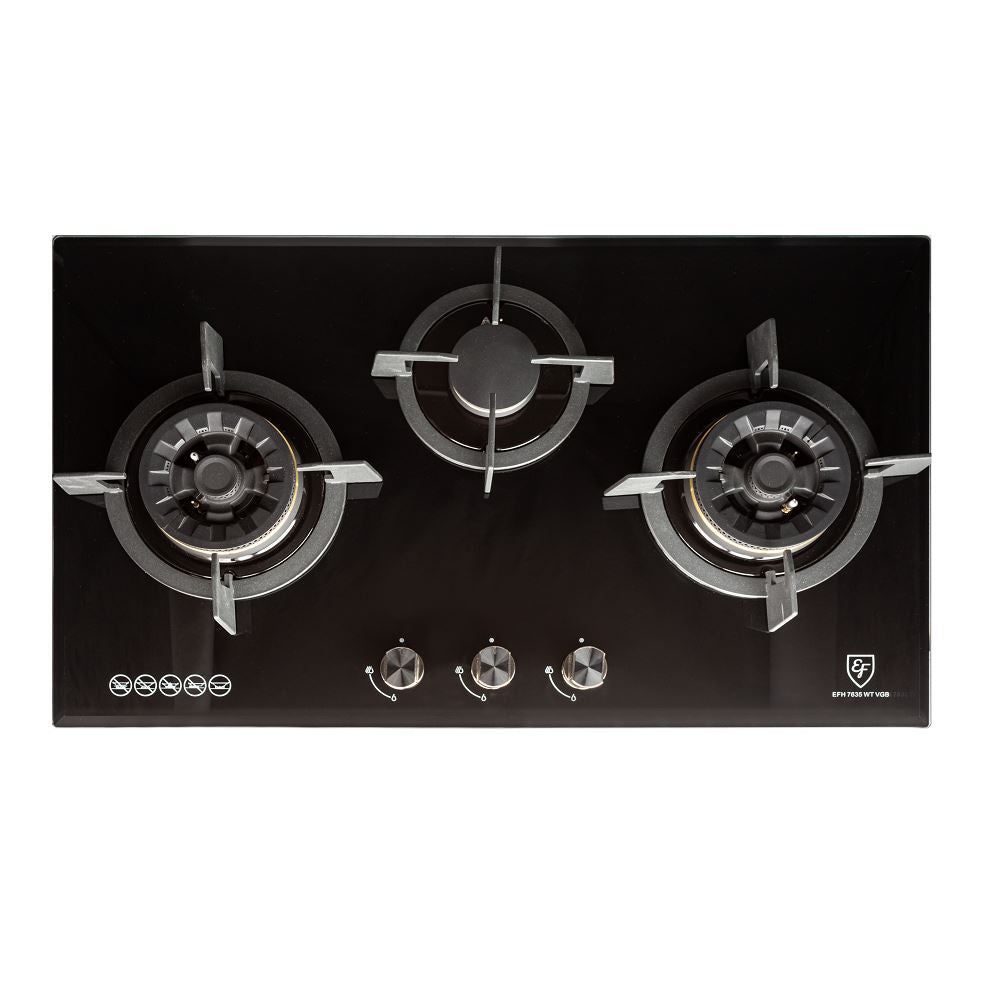 EF 90cm Stainless Steel Chimney Hood CK Fino & EF 78cm Gas Hob with 3 Brass Burners EFH 7635 WT VGB - Perfect for Modern Kitchen Ventilation and Cooking