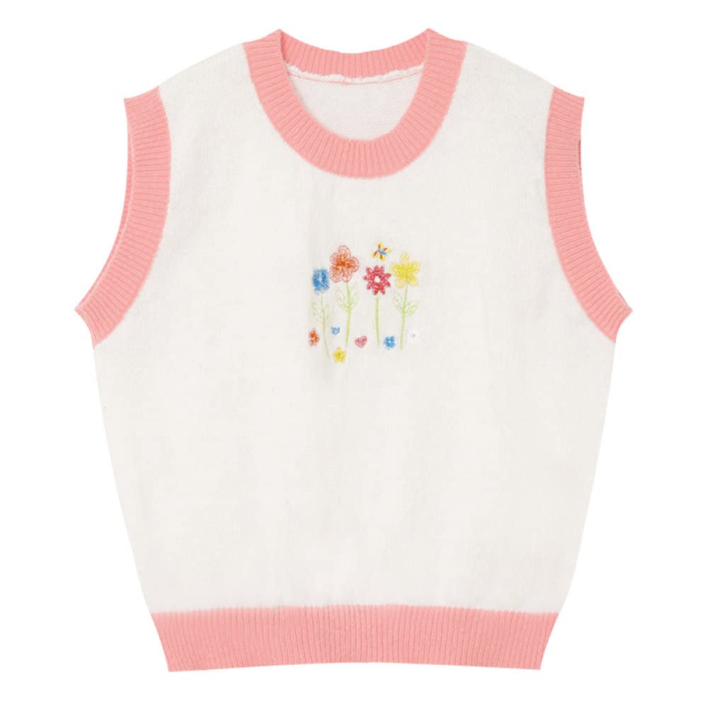Women's White Short Sleeveless Sweater Vest - Round Neck Cartoon Flower Embroidery Knit Pullover Tank Top | Preppy Style Streetwear Waistcoat for Casual Outfits, Office Wear & Layering Fashion