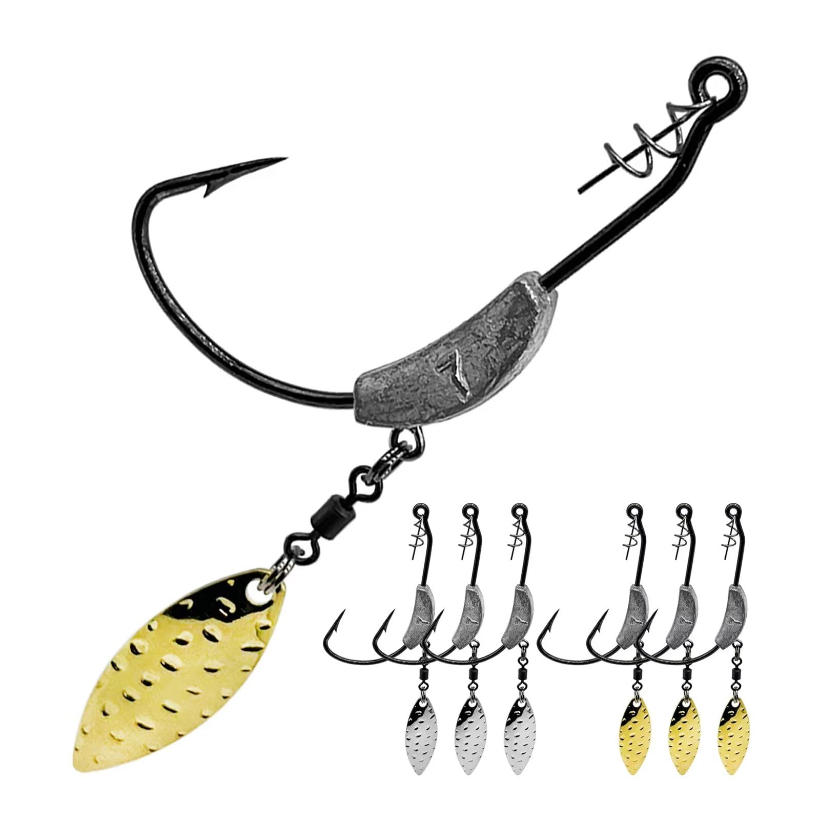 6pcs Weighted Swimbait Hooks with Twistlock - Gold/Silver Spinner Blades for Soft Fishing Lures - Perfect for Bass, Walleye & Pike Fishing in Lakes & Rivers