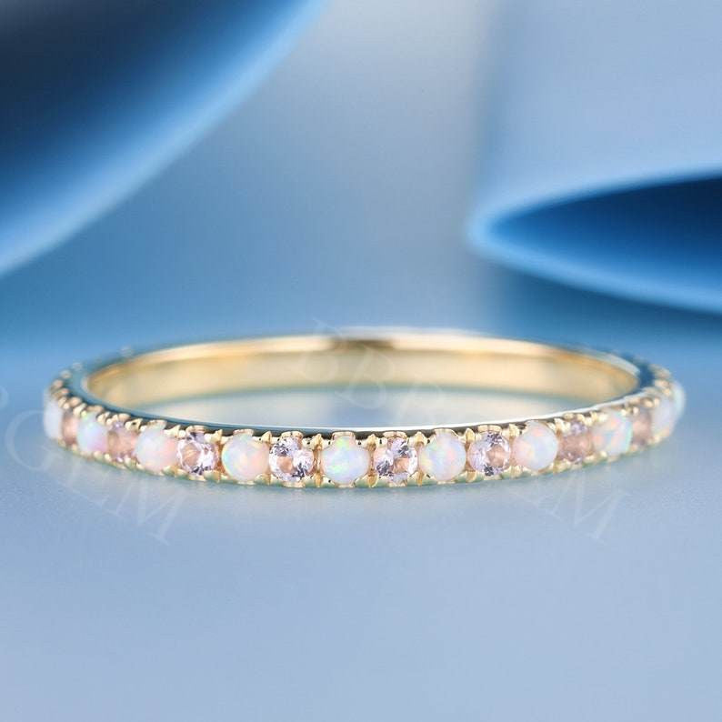 1.5mm Full Eternity Opal & Morganite Wedding Band - Stackable Matching Ring for Women - Perfect for Bridal Sets, Anniversary Gifts, and Everyday Elegance