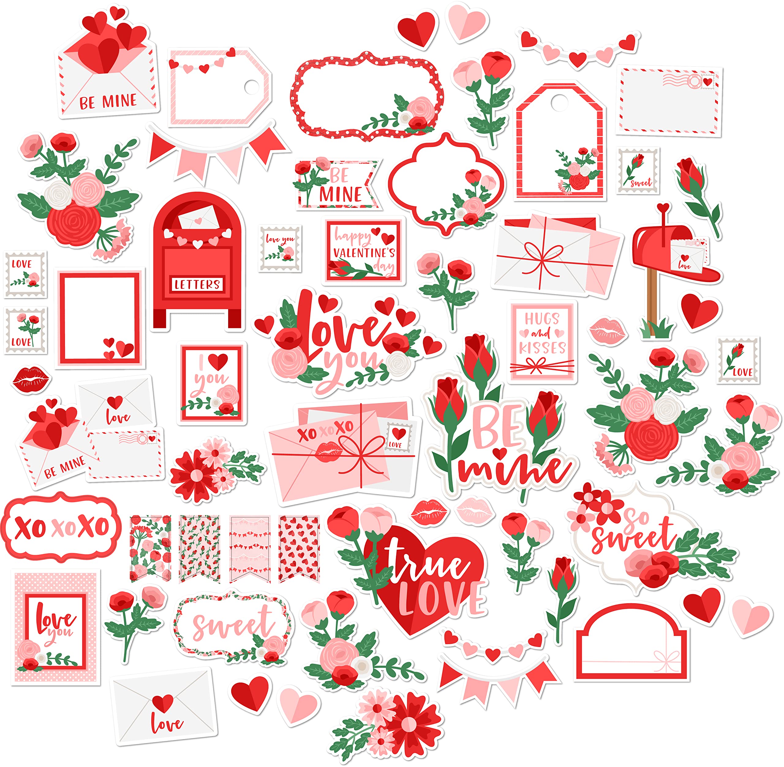 Valentine's Day Paper Die Cuts - 60+ Love Letter Cardstock Scrapbook Embellishments for DIY Cards & Scrapbooking - Perfect for Romantic Crafts, Wedding Invitations & Memory Albums