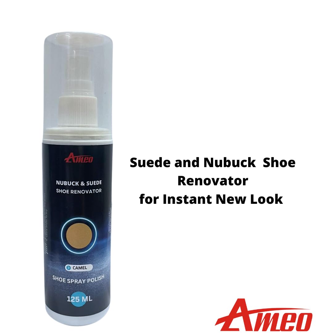 Ameo Nubuck & Suede Shoe Cleaner & Protector - Camel Color | 125ml Spray Polish | Restores & Protects Leather Shoes, Boots & Bags | Perfect for Daily Care & Stain Removal