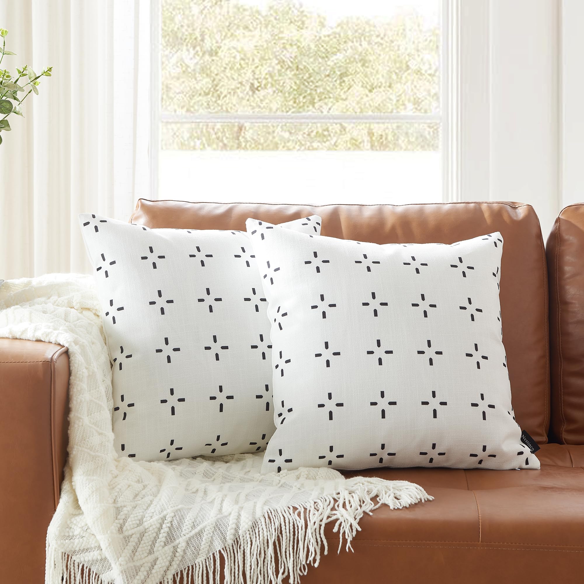 Set of 2 White Linen Throw Pillow Covers 18x18 Inches - Black Dashed Cross Print Decorative Pillow Cases for Sofa, Couch & Bed - Home Decor, Living Room & Bedroom Accent