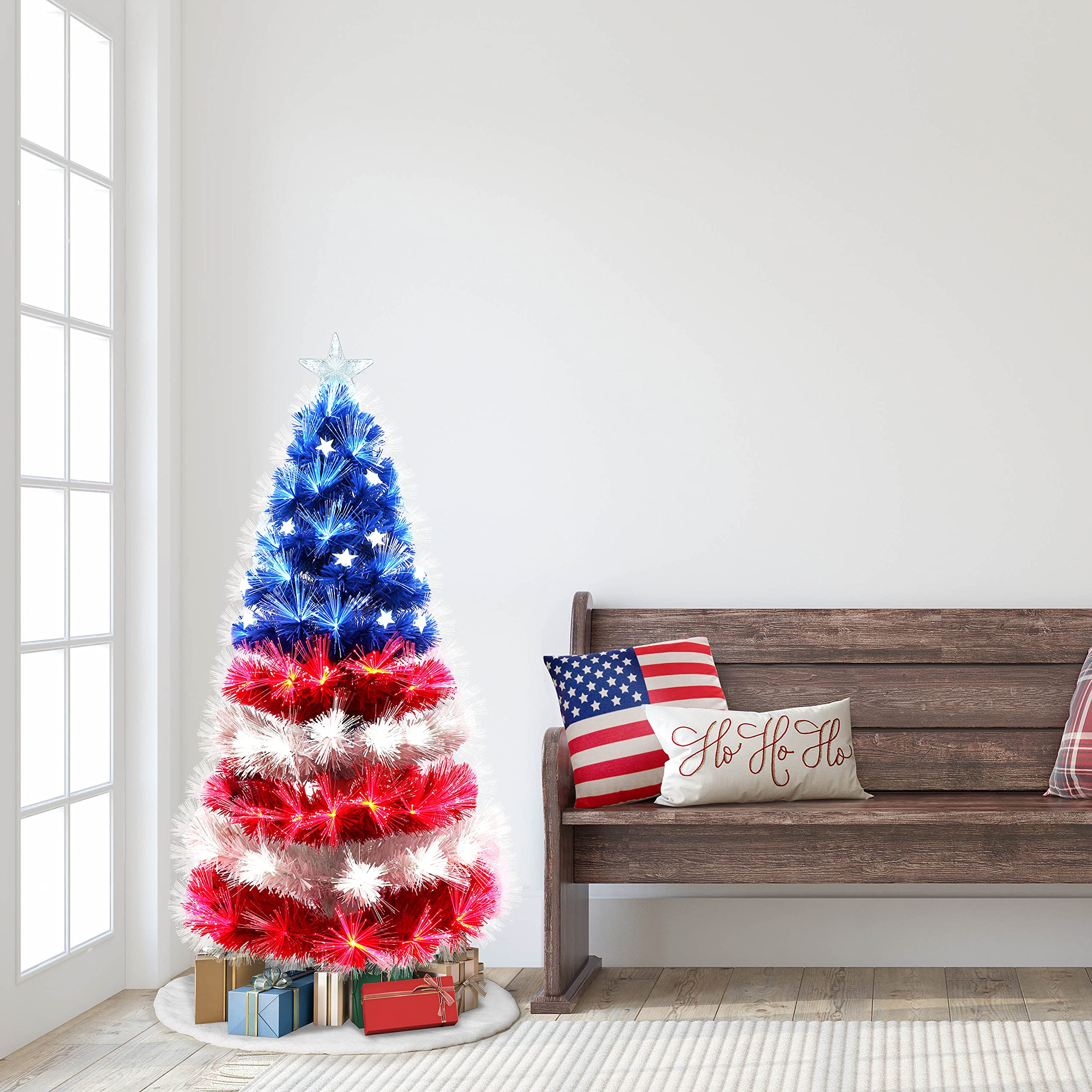 Puleo International 4ft Pre-Lit Fiber Optic Patriotic Christmas Tree - Red White Blue Decorations for Home, Office & Holiday Party Decor