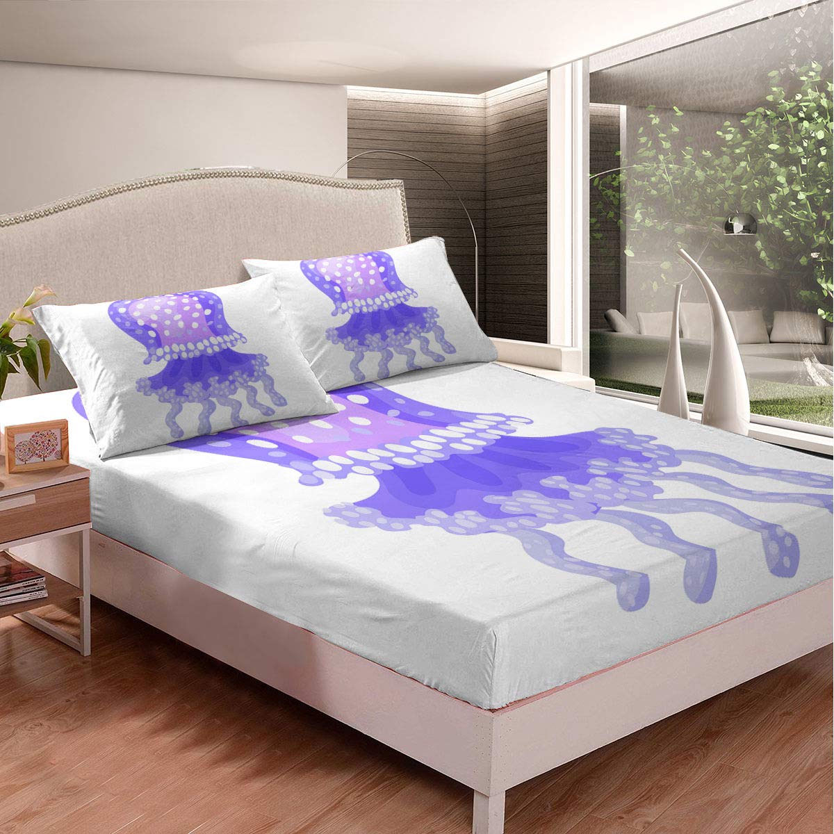 Jellyfish Print White Modern Bed Sheet Set - Ultra Soft Deep Pocket Wrinkle-Resistant Twin XL 2-Piece (1 Fitted Sheet + 1 Pillowcase) - Perfect for Kids' Rooms, Dorms & Coastal Themed Bedrooms