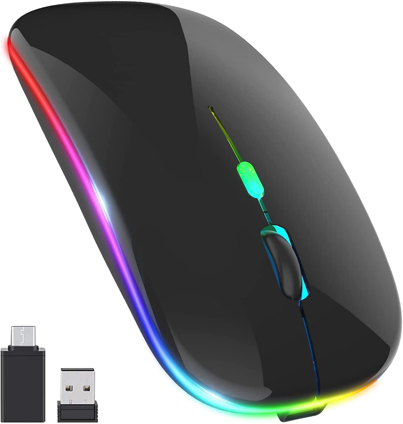 Rechargeable Wireless LED Mouse - Slim Silent 2.4G Optical Mouse with USB/Type-C Receiver, 3 Adjustable DPI for Laptop, PC, Desktop - Perfect for Office Work, Gaming & Travel (Black)