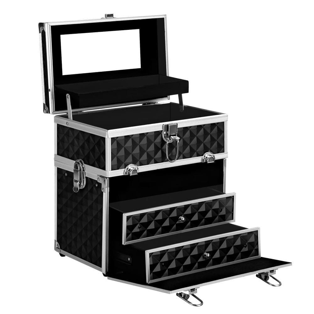 Embellir Portable Cosmetic Makeup Organizer Case with Mirror - Diamond Black Design for Travel, Home & Professional Use