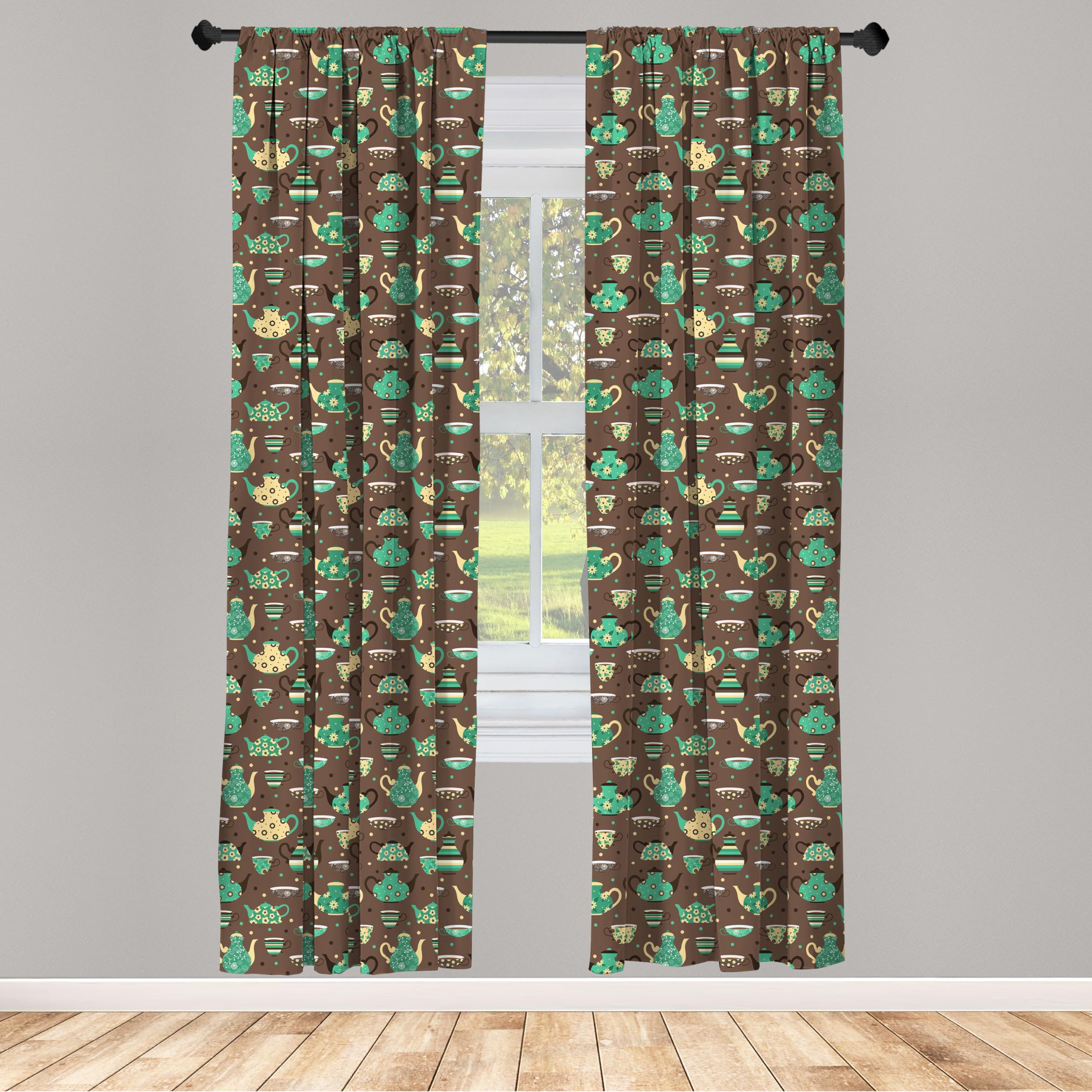 Ambesonne Floral Tea Party Curtains - 2 Panel Set with Cups & Pots Design on Dotted Brown Background, 28
