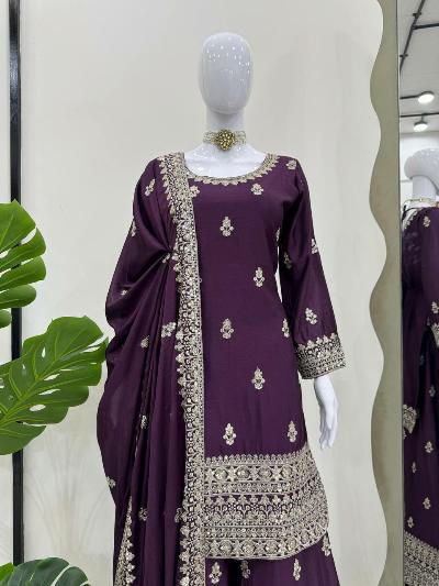 Chinon Silk Embroidered Sharara Palazzo Suit Set for Women | Elegant Indian Pakistani Wedding Party Outfit | Perfect for Bridal Shower, Mehndi & Special Occasions