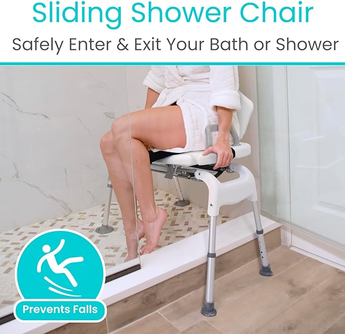 Sliding Shower Chair for Elderly & Disabled - Adjustable Bath Seat with Non-Slip Legs - Ideal for Bathroom Safety & Mobility Assistance