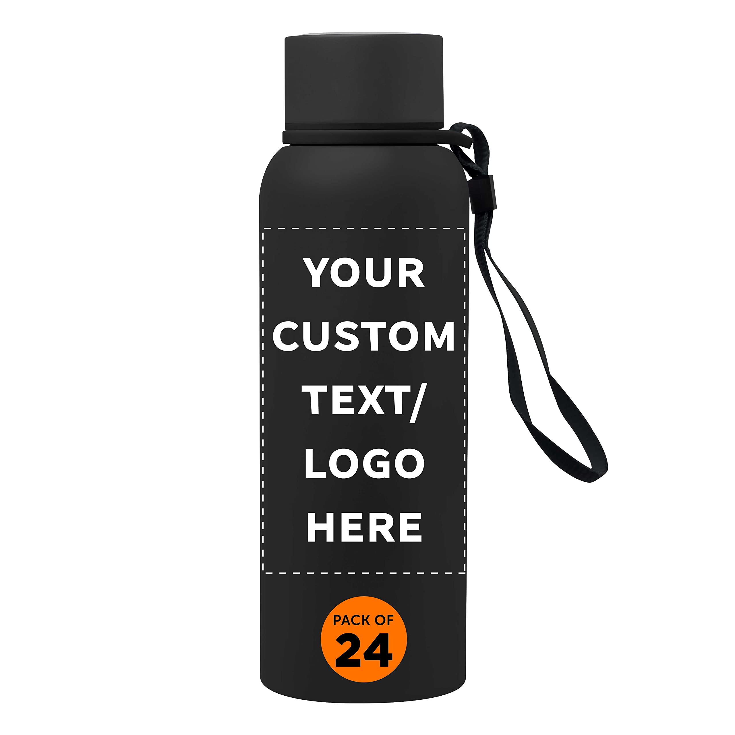 24oz Customizable Stainless Steel Water Bottle with Strap - Double Wall Insulated, Leakproof Plastic Lid - Personalized Text & Logo - Perfect for Gym, Hiking & Outdoor Activities