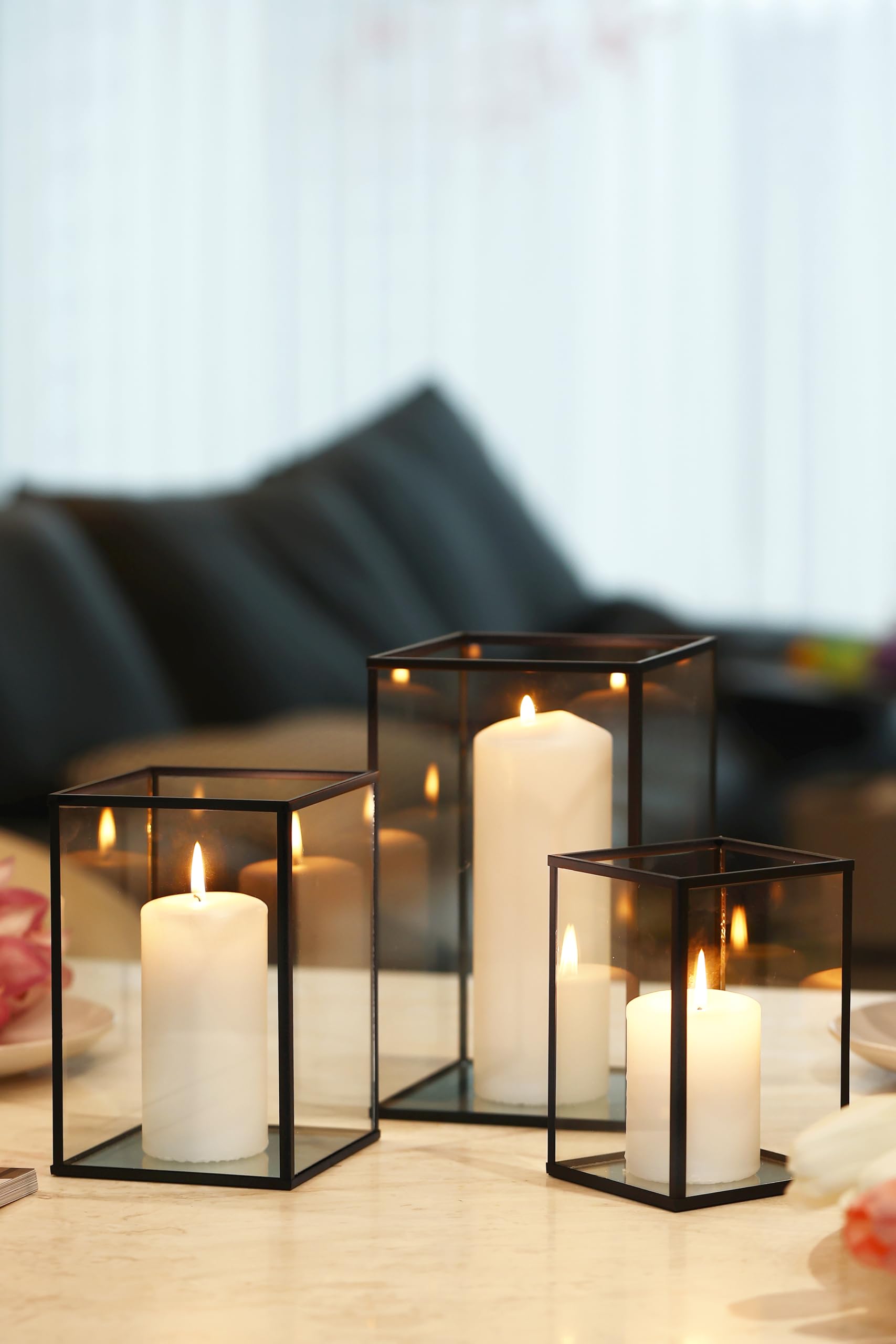 yshengood 6-Piece Black Glass Hurricane Candle Holders - Square Table Centerpieces for Wedding, Thanksgiving & Home Decor | Perfect for Dining Tables, Fireplace Mantels & Outdoor Gatherings