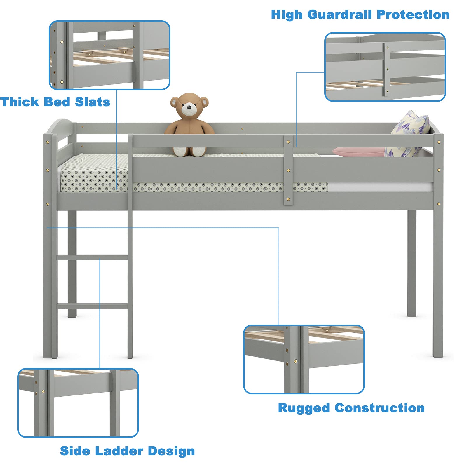 Costzon Twin Loft Bed with Storage - Solid Wood Low Bunk Bed with Guard Rail & Ladder for Kids - Space-Saving Bedroom Furniture for Boys & Girls - No Box Spring Needed - Classic Gray Children's Loft Bed - Perfect for Small Rooms, Dormitories & Shared Kids' Bedrooms