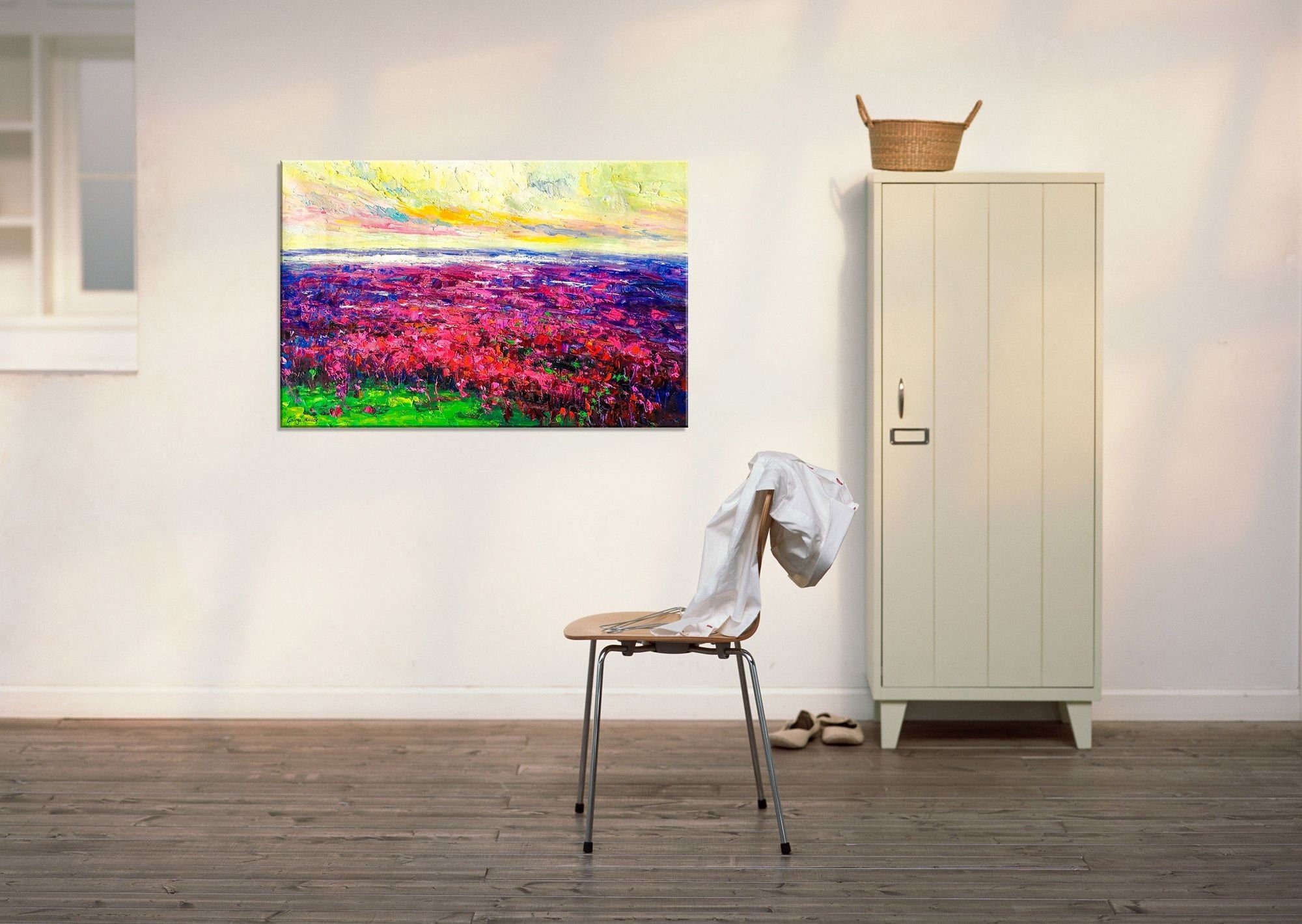 Large Landscape Oil Painting - Spring Flower Fields in Red and Purple - Modern Canvas Wall Art for Kitchen, Living Room & Office Decor - Handmade Home Decoration