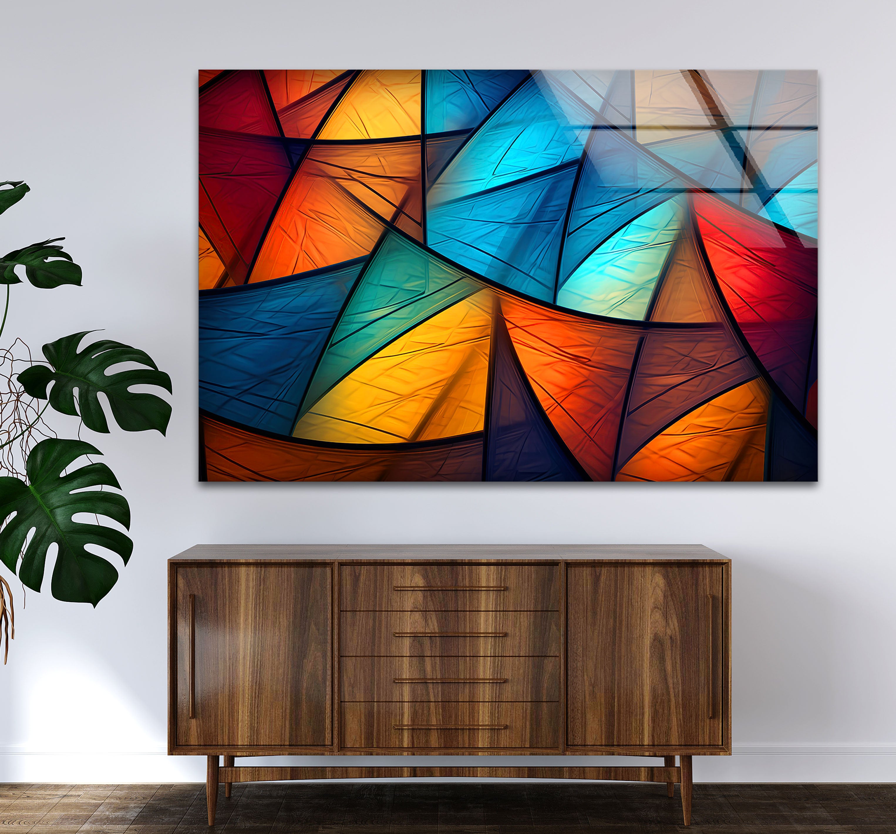 Modern Abstract Geometric Glass Wall Art - Vibrant Triangle Pattern Home Decor for Living Room, Bedroom & Office | Unique Handmade Wall Hanging