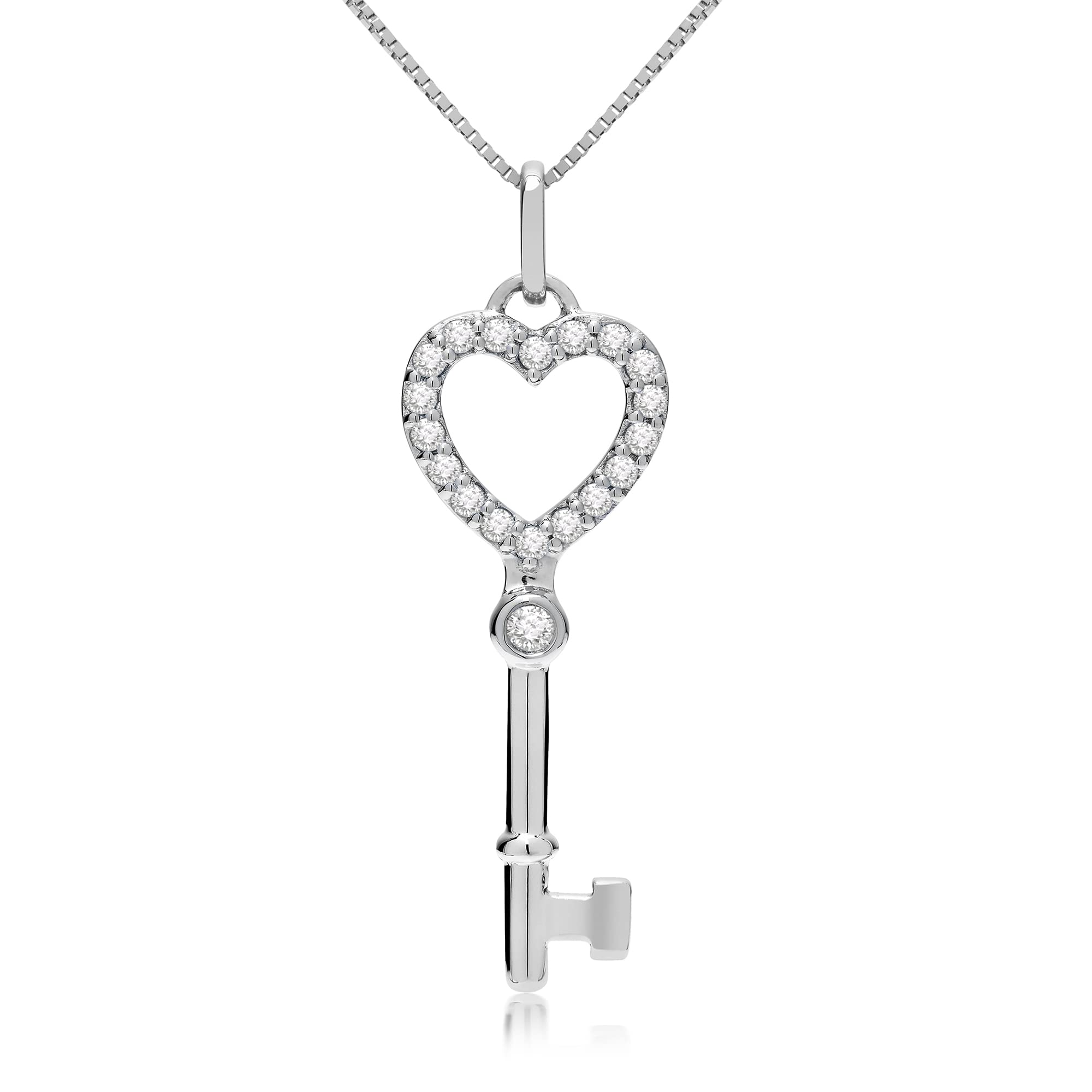 14K Solid White or Yellow Gold Key to My Heart Pendant with Pave Round Cut Cubic Zirconia | 0.20 CTW | 16