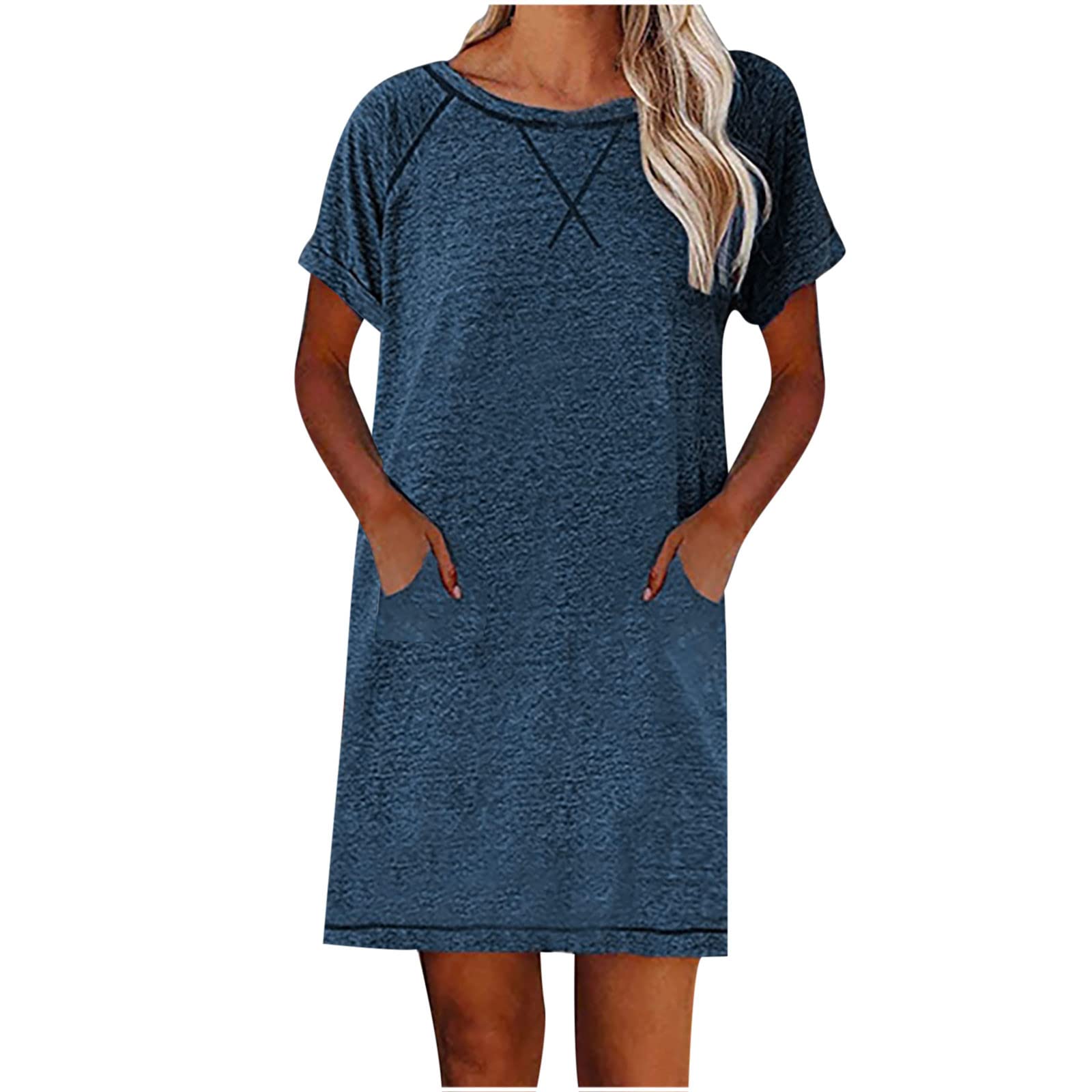 YZHM Women's Summer Short Sleeve Round Neck Solid Color Casual Mini Dress - Loose Fit Shift Dress for Beach, Vacation & Everyday Wear