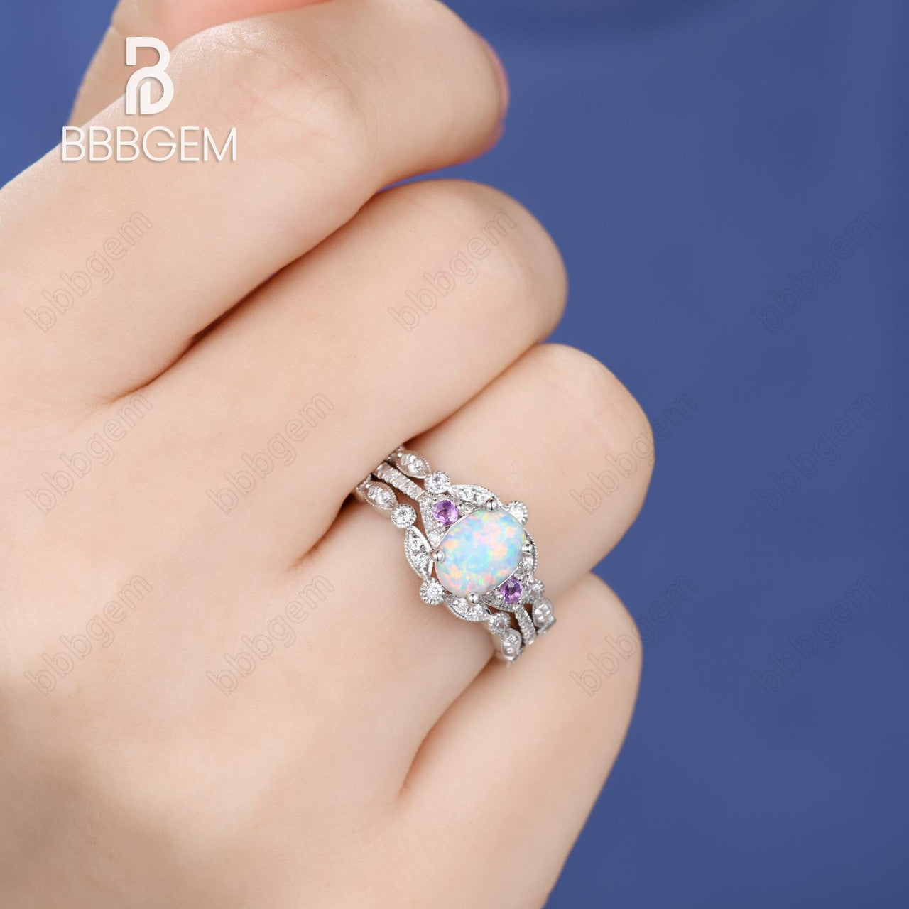 14K White Gold Oval Opal Moissanite Engagement Ring - Art Deco Double Curve Enhancer Wedding Band for Women, Perfect for Proposals, Anniversaries & Bridal Jewelry