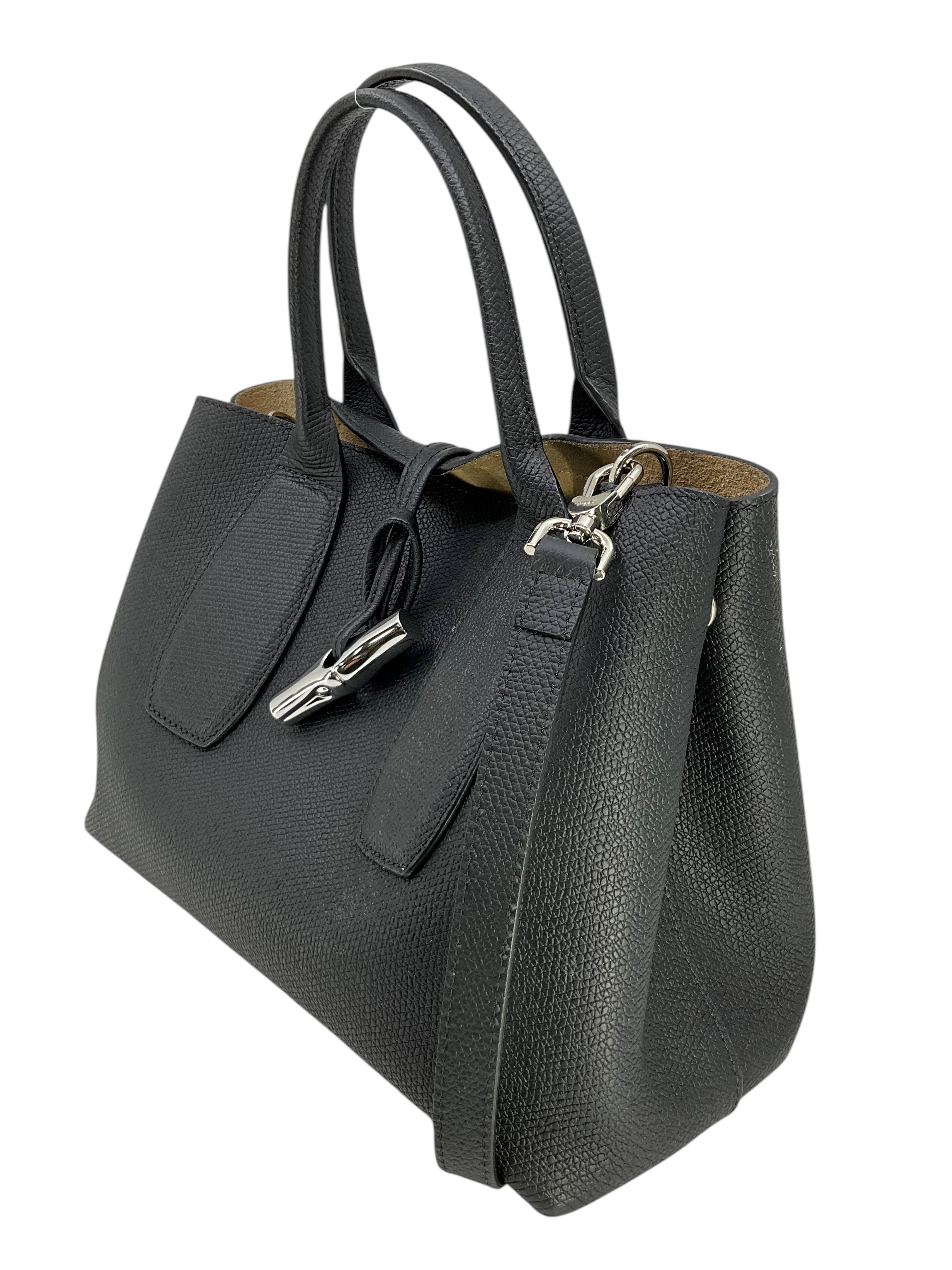 LONGCHAMP Roseau Medium Leather Tote Bag for Women - Premium Handbag with Top Handle, Spacious Work & Travel Tote - Perfect for Office, Business Meetings & Weekend Getaways