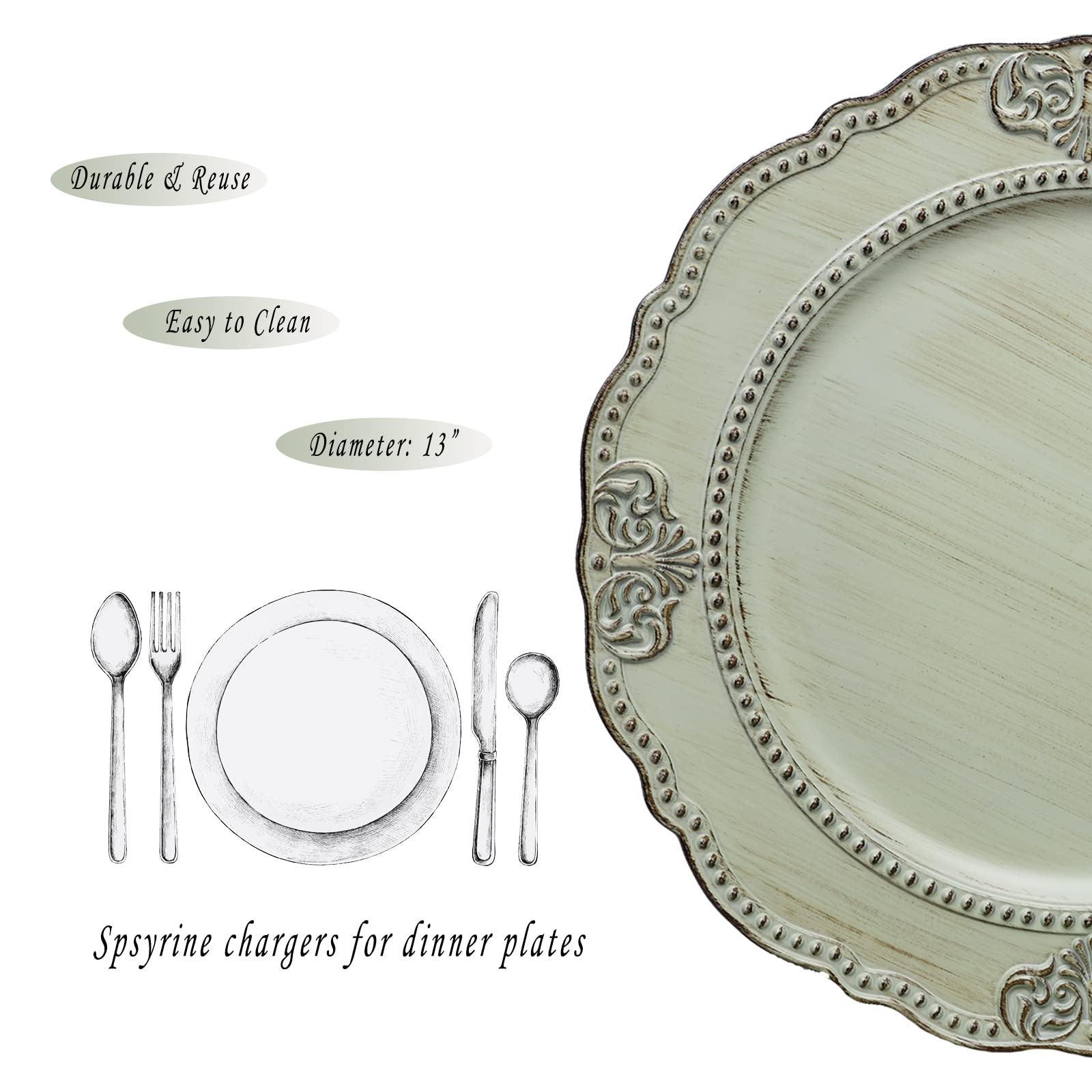 Antique Light Green Charger Plates Set of 6 - 13