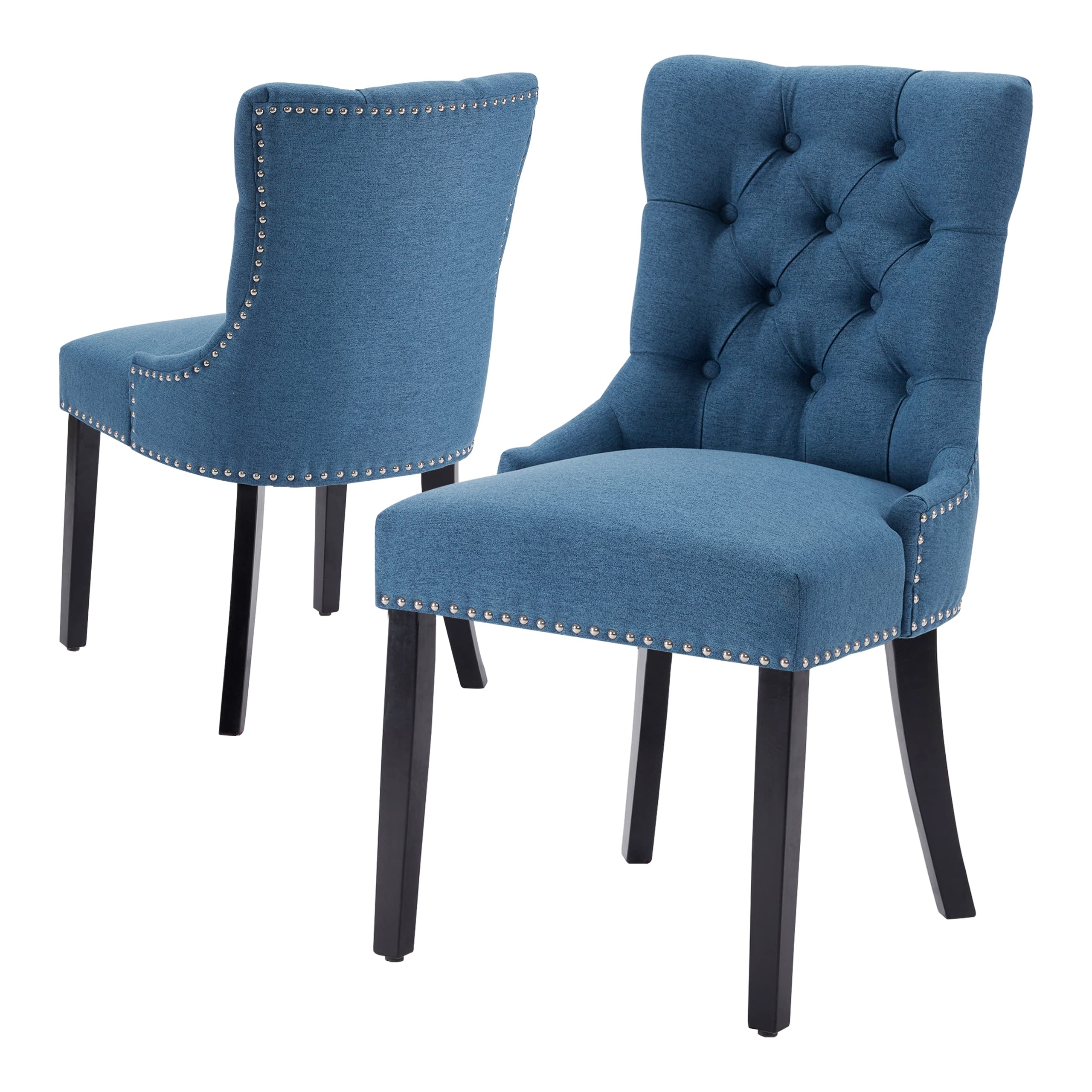 Kingfun Set of 2 Upholstered Tufted Dining Chairs - Modern Blue Fabric Parsons Chairs with Nailhead Trim & Solid Wood Frame - Perfect for Kitchen, Dining Room, Restaurant or Waiting Area Seating