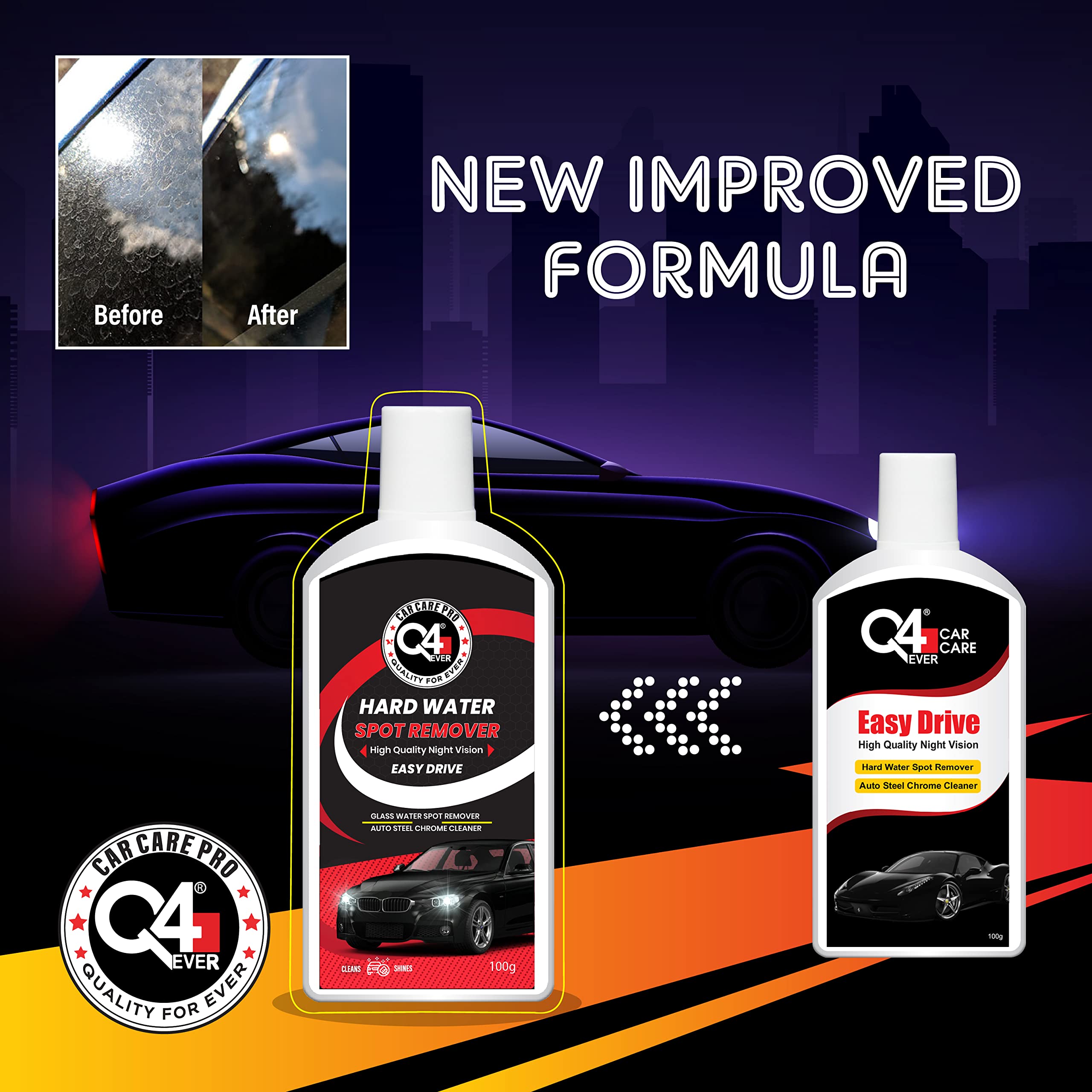 Q4 EVER Auto Care Glass Polish & Hard Water Spot Remover - 100g Cream for Car Windshield, Windows & Mirrors - Restores Clarity, Removes Stains & Mineral Deposits - Perfect for Auto Detailing & Home Glass Cleaning