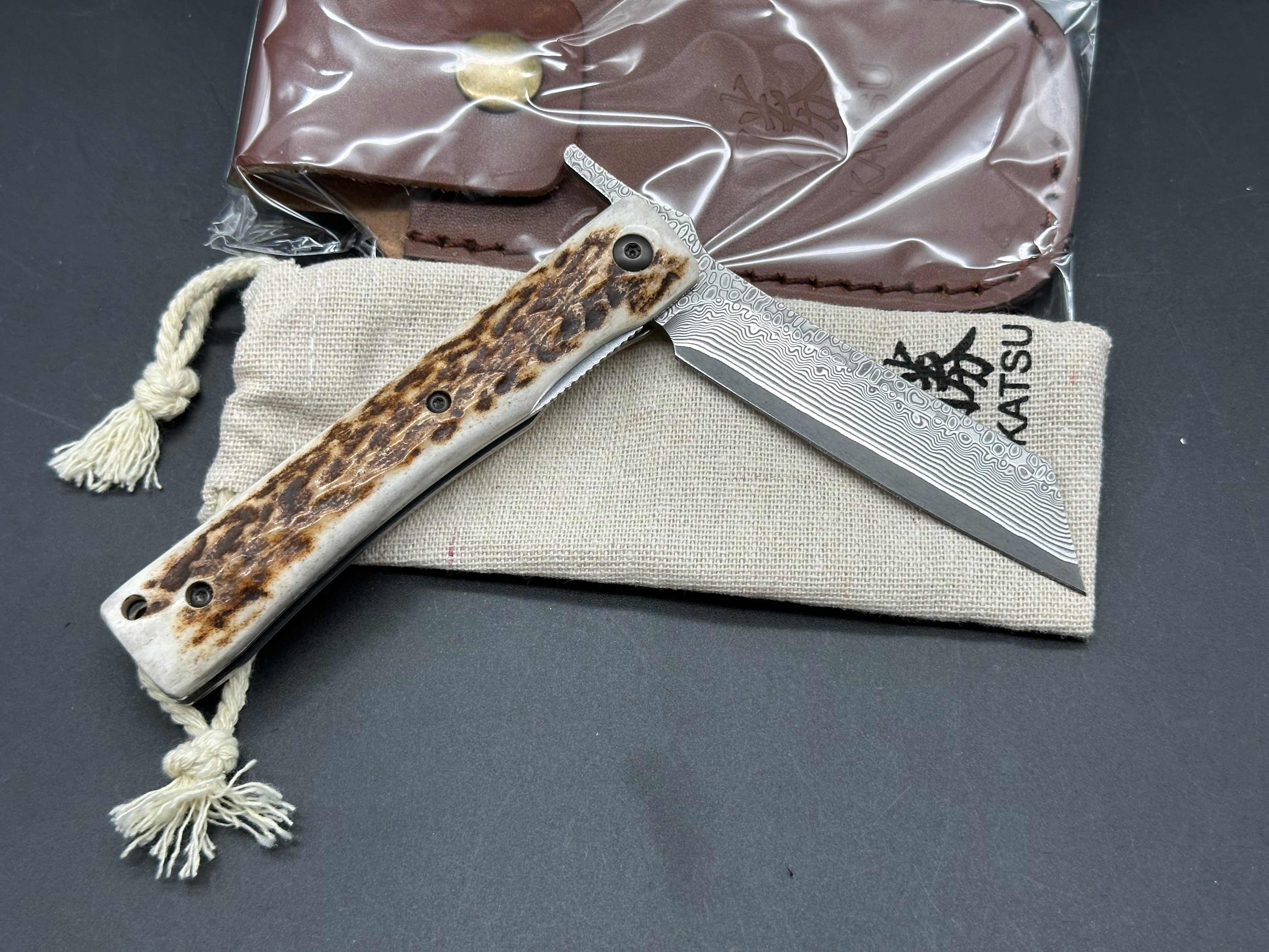 KATSU JDA01 Genuine Deer Antler Handle Hunting Knife with Damascus Steel Blade & Leather Sheath - Perfect for Outdoor Camping, Bushcraft, and Survival Activities