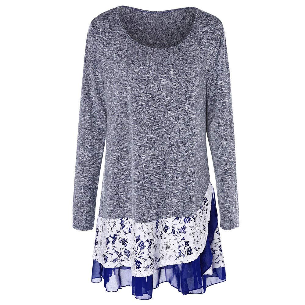 Women's Long Sleeve Lace Layered Blouse Sweatshirt - Elegant Pullover Top with Scoop Neck & Hem Detail for Work, Date Night & Casual Outfits