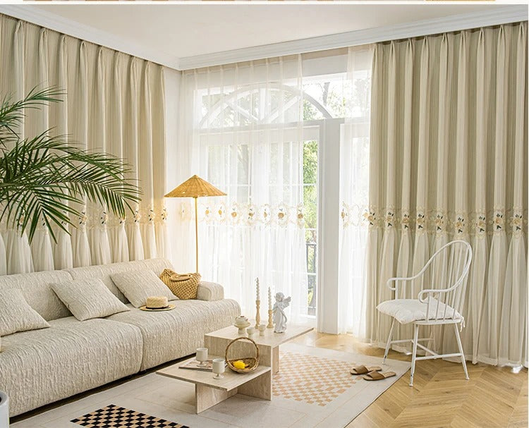 Luxury Sheer Blackout Curtains - Mila Bottom Veil Style in Beige | Elegant Window Treatment for Living Room & Bedroom