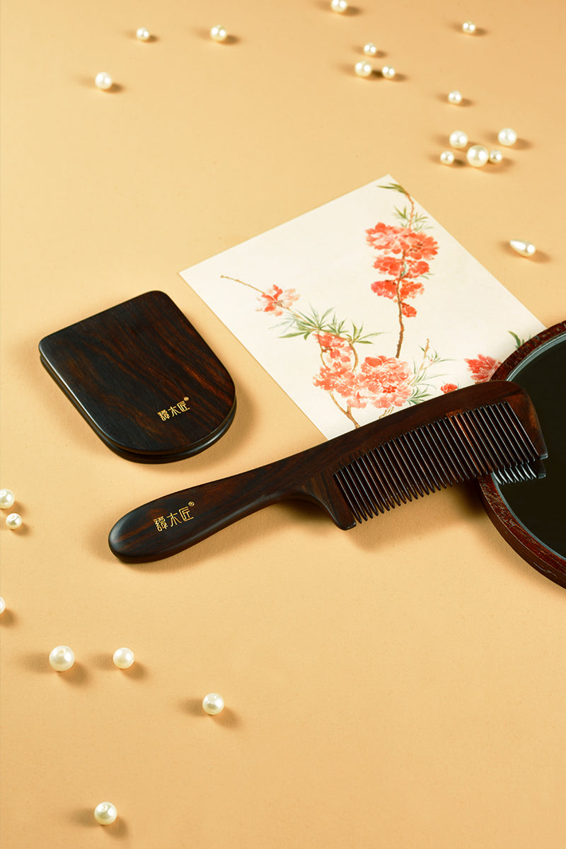 Premium Blackwood Hair Comb & Mirror Set - Natural Wooden Detangling Comb & Handheld Mirror for Women - Perfect for Travel, Home, and Salon Use