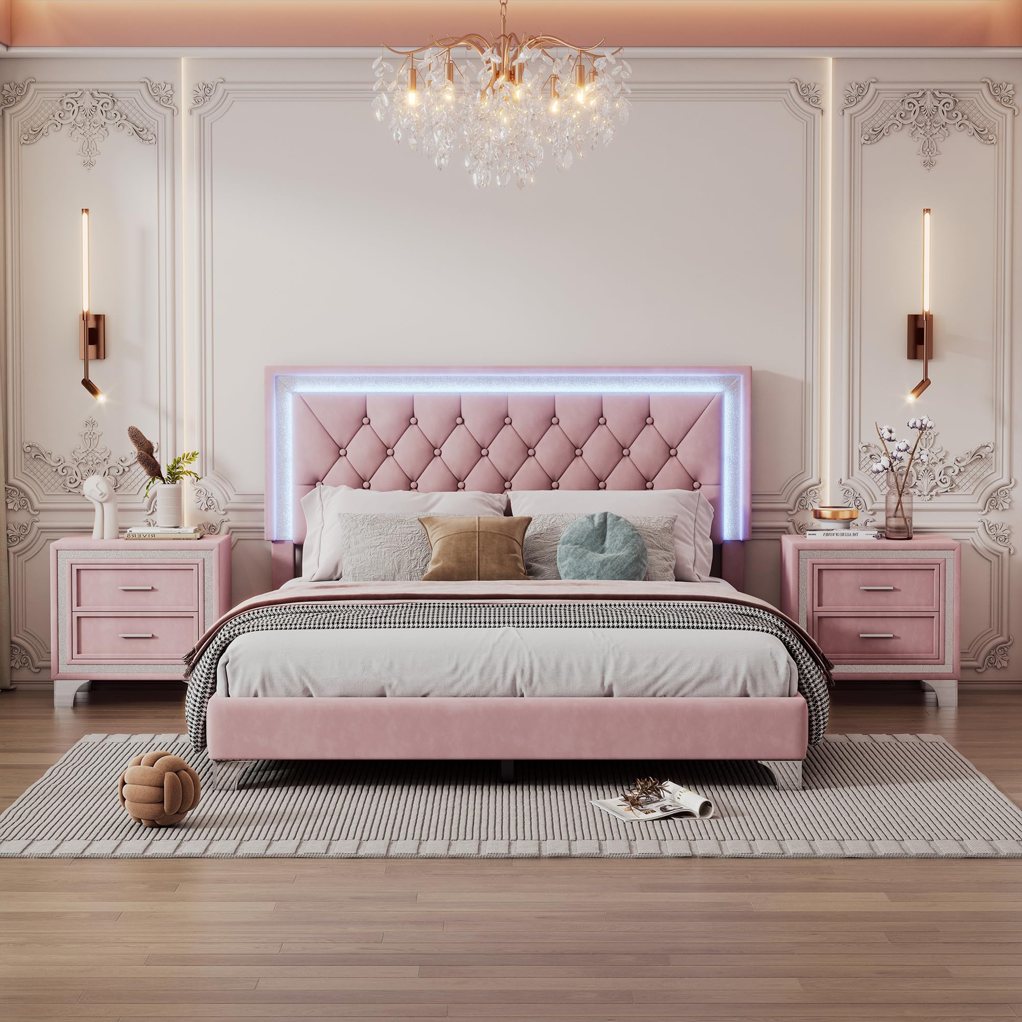 SOFTSEA 3-Piece Pink Velvet Queen Bedroom Set with LED Lights - Upholstered Platform Bed Frame with Headboard & 2 Nightstands, No Box Spring Needed | Modern Bedroom Decor for Master Bedroom, Guest Room or Apartment
