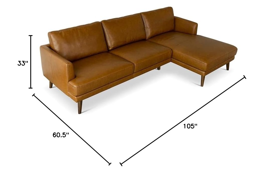 Pemberly Row Mid-Century Modern Genuine Leather Right-Facing Sectional Sofa in Tan | Premium Quality Leather Couch for Living Room, Lounge & Office | Stylish Comfortable Sectional for Home Decor