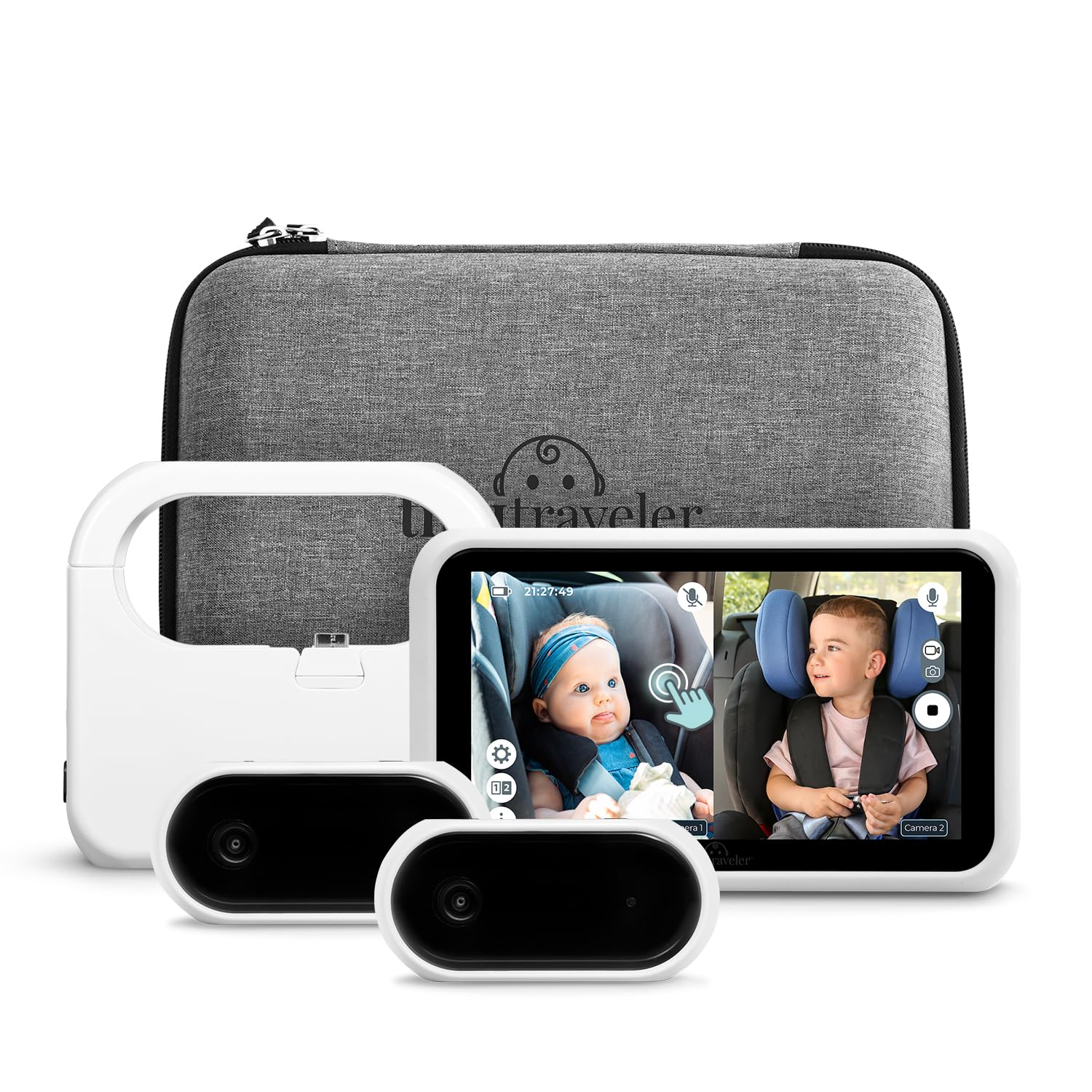5” Touch Screen Baby Car Monitor for 2 Kids - Rear-Facing Car Seat Camera with Night Vision & Power Bank - No WiFi Baby Camera with Alert System - Perfect for Road Trips & Family Travel (White)