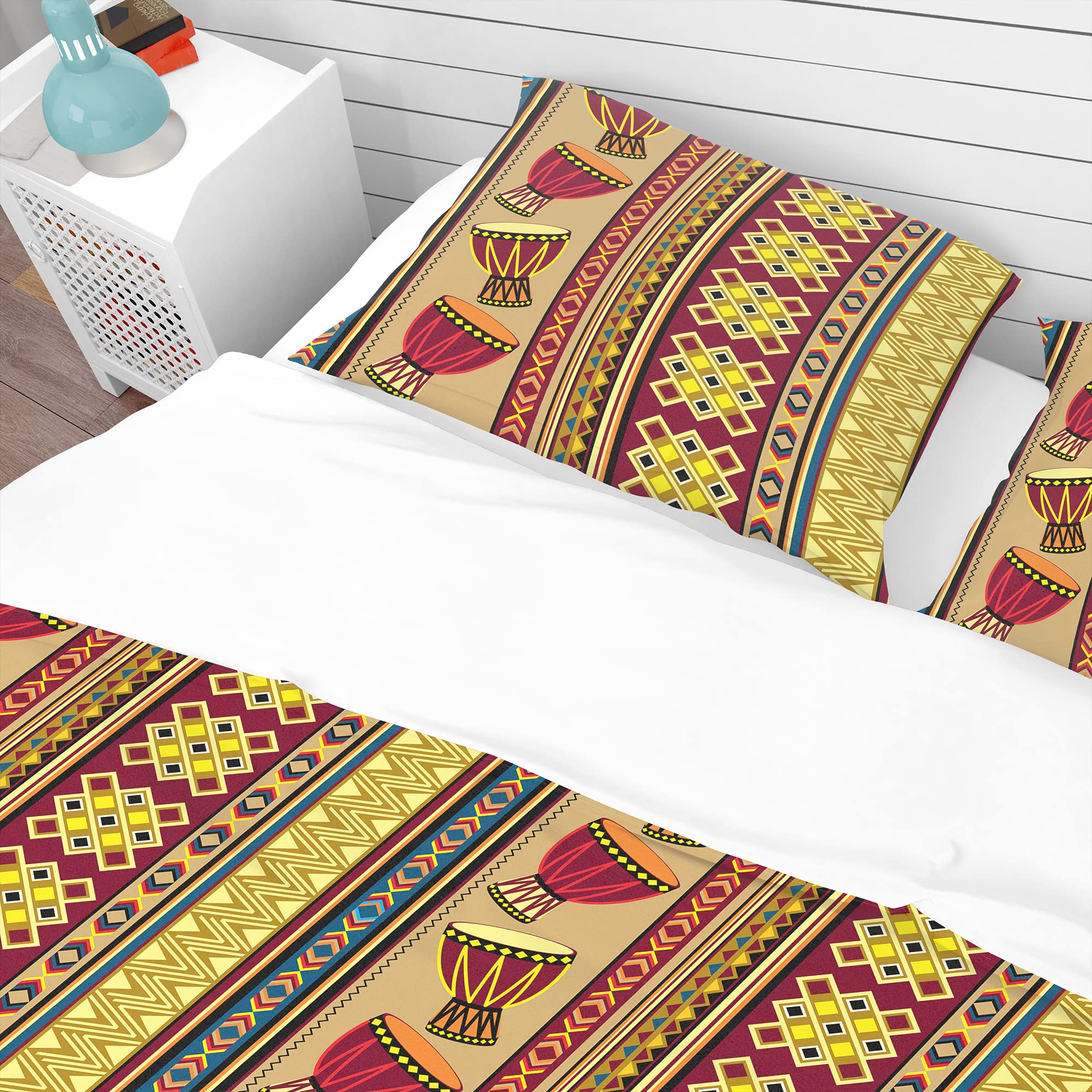 DesignQ African Drum Print Tropical Duvet Cover Set - Queen Size Bedding with Pillowcases - Vibrant Ethnic Home Decor for Boho Bedroom & Dorm Room