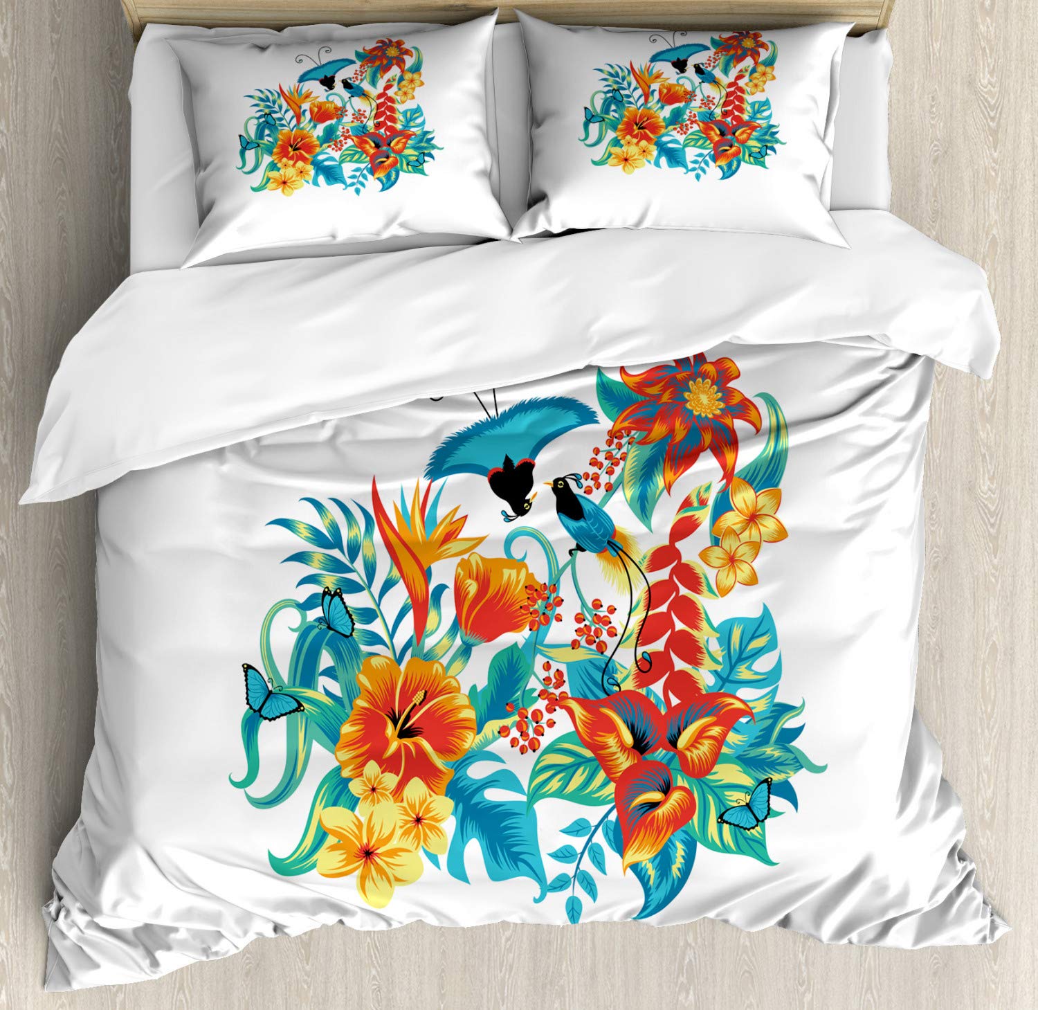 Ambesonne Tropical Floral Duvet Cover Set - Queen Size 2-Pack with 2 Duvet Covers & 4 Pillowcases | Exotic Jungle Foliage Bird Hawaiian Island Design in Blue Turquoise Orange | Perfect for Beach House, Boho Bedroom & Tropical Themed Decor