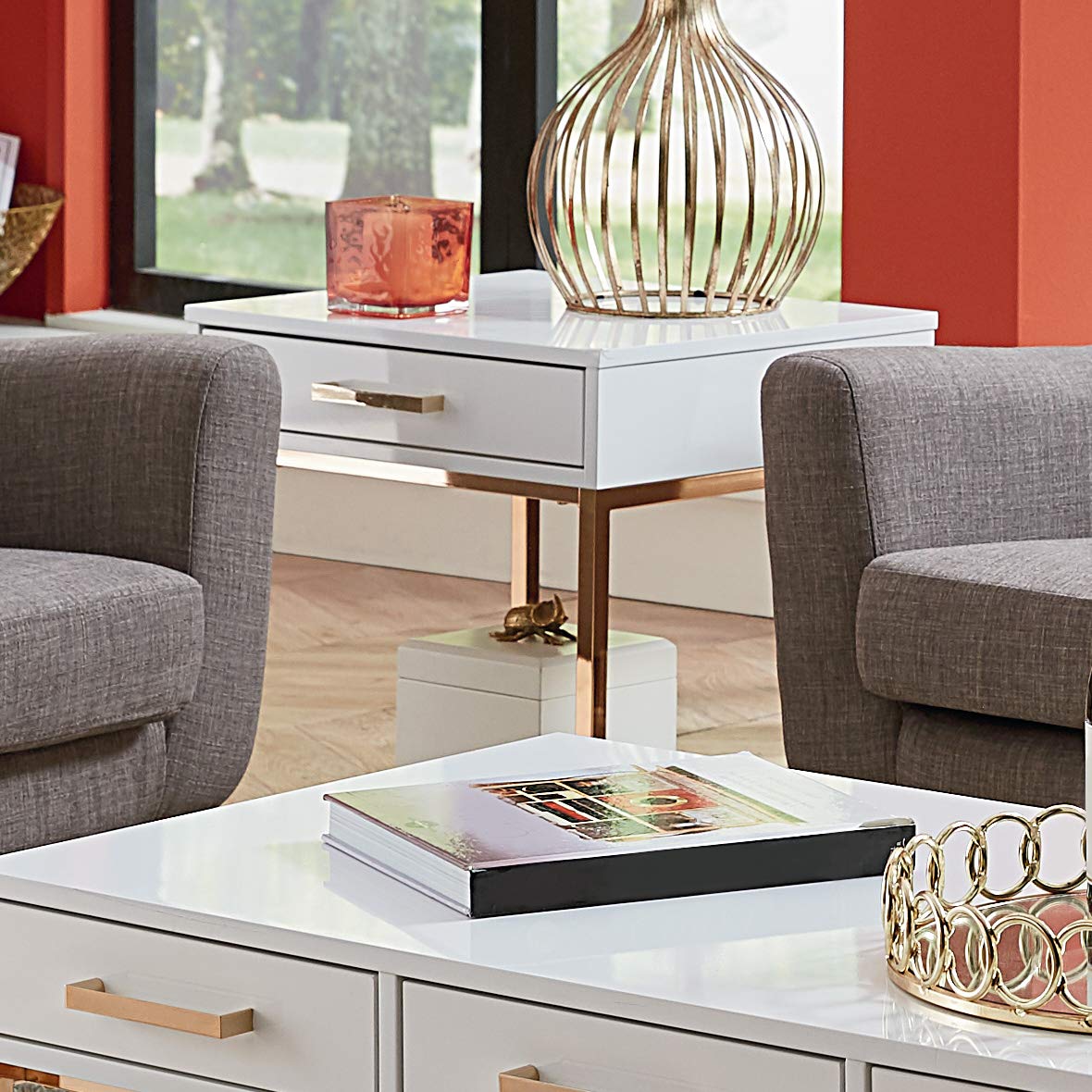 Modern White Gloss End Table with Gold Frame - Contemporary Nightstand for Living Room, Bedroom & Office - OSP Home Furnishings Alios Collection