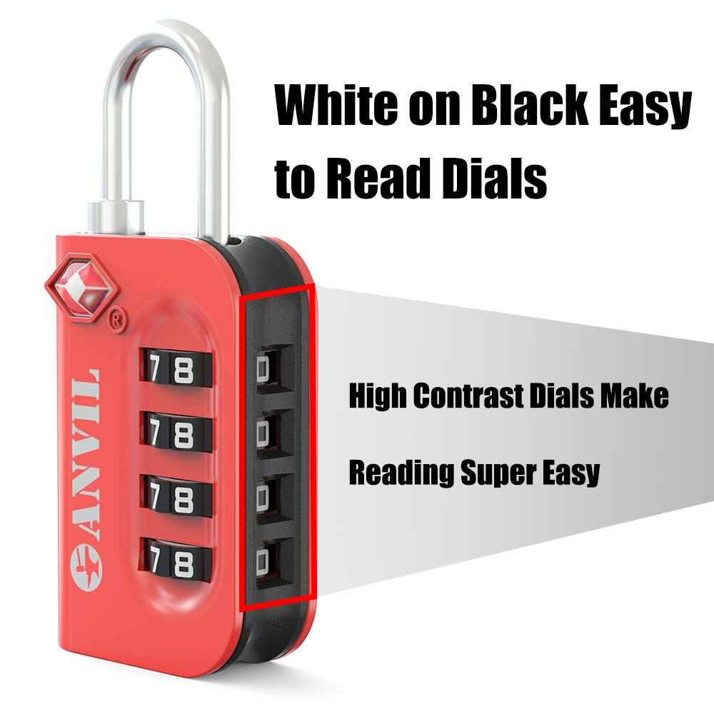 ANVIL TSA Approved Luggage Lock - 4 Digit Combination Lock with 10,000 Security Codes, Easy-Read Dial for Suitcases, Backpacks, Gym & Student Lockers - Perfect for Travel, School & Airport Security