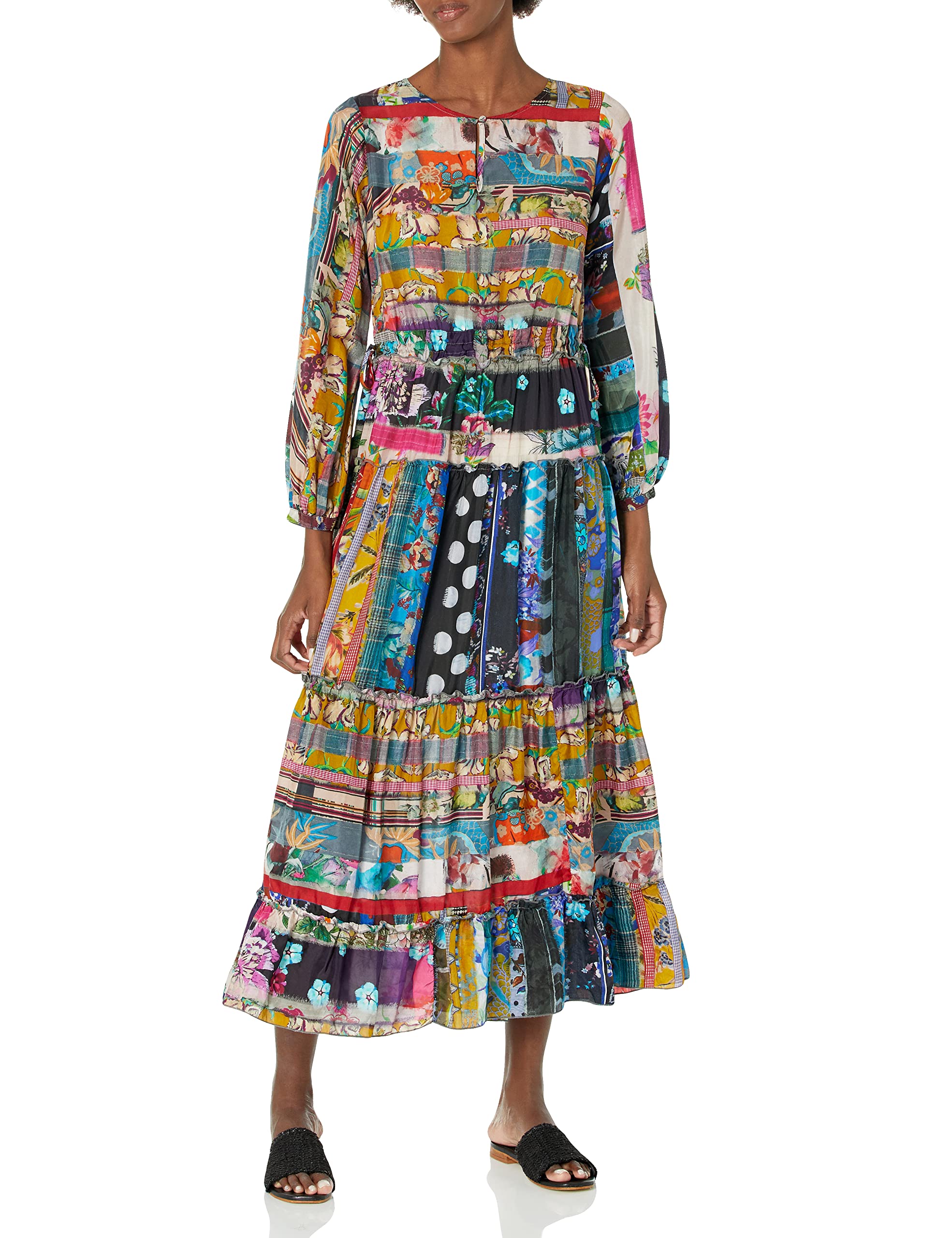Johnny Was Women's Long Sleeve Printed Silk Dress - Elegant Floral Boho Maxi Dress for Parties, Weddings & Special Occasions