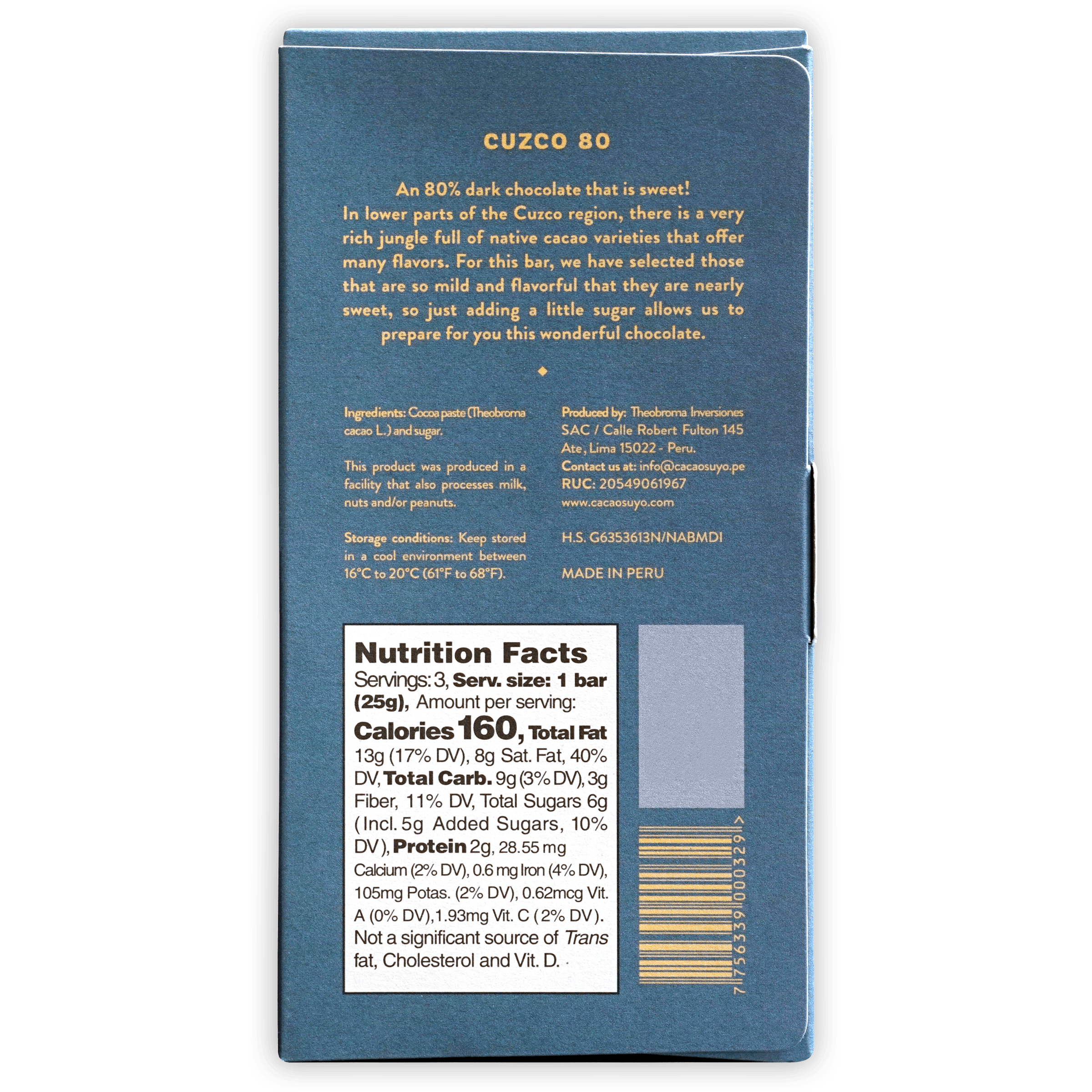 Organic Cuzco 80% Dark Chocolate Bar - Premium Peruvian Cocoa for Baking, Gifting & Healthy Snacking