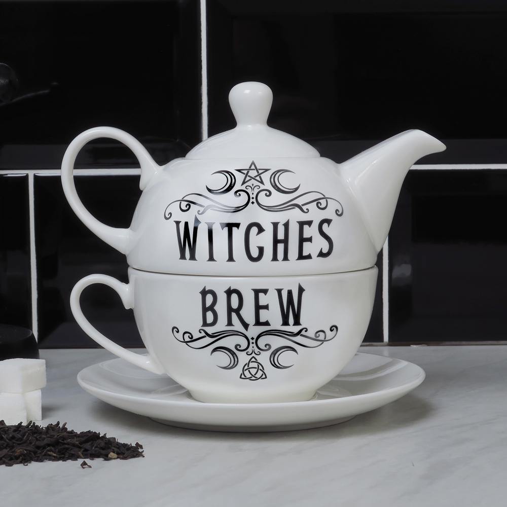 Midnight Witch Tea Set - Gothic Halloween Porcelain Tea Cup and Saucer Set for Spooky Tea Parties, Witchcraft Decor, and Gothic Home Decor
