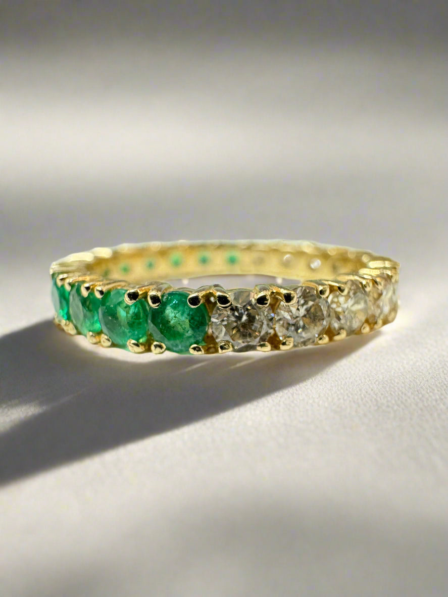 14K Gold Half Round Emerald & Diamond Eternity Band Ring - Size 7 | Wedding, Anniversary, Engagement Jewelry Gift for Women