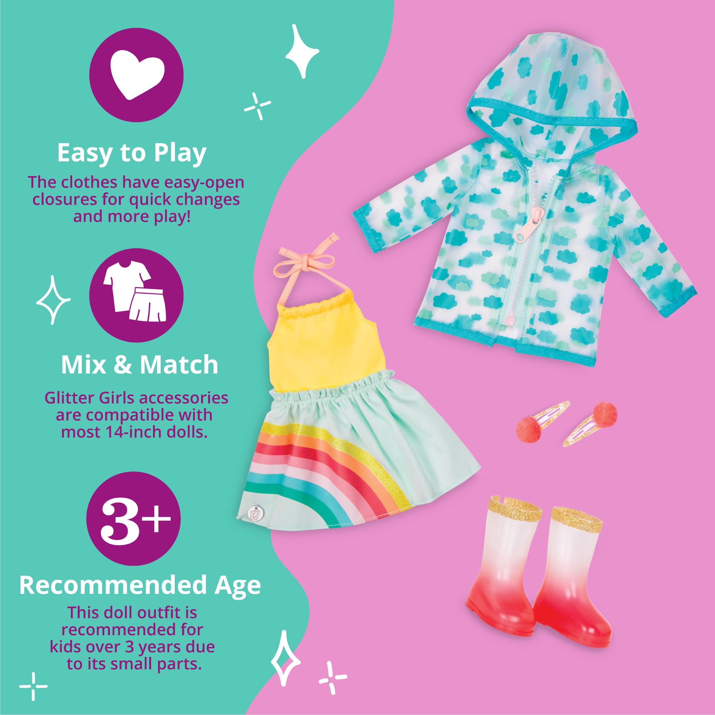 Glitter Girls 14-inch Doll Clothes Set - Rainbow Dress, Hair Clips, Raincoat & Boots - Smile! Rain or Shine Outfit - Perfect Toy Gift for Girls Ages 3+ - Great for Pretend Play, Dress Up & Indoor Activities