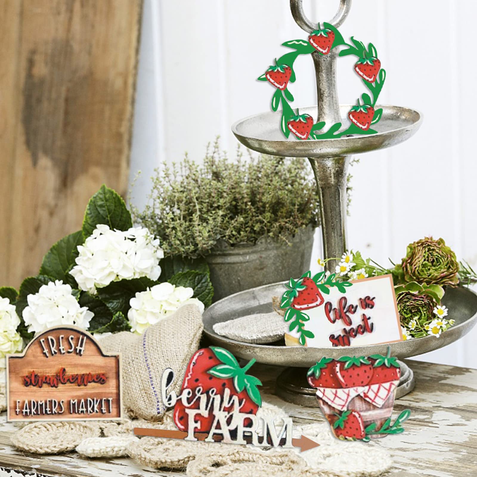 Summer Tiered Tray Decor Set - Beach Party & Farmhouse Wooden Sign Decorations (Strawberry Theme) for Kitchen Counter, Coffee Table, and Patio Display