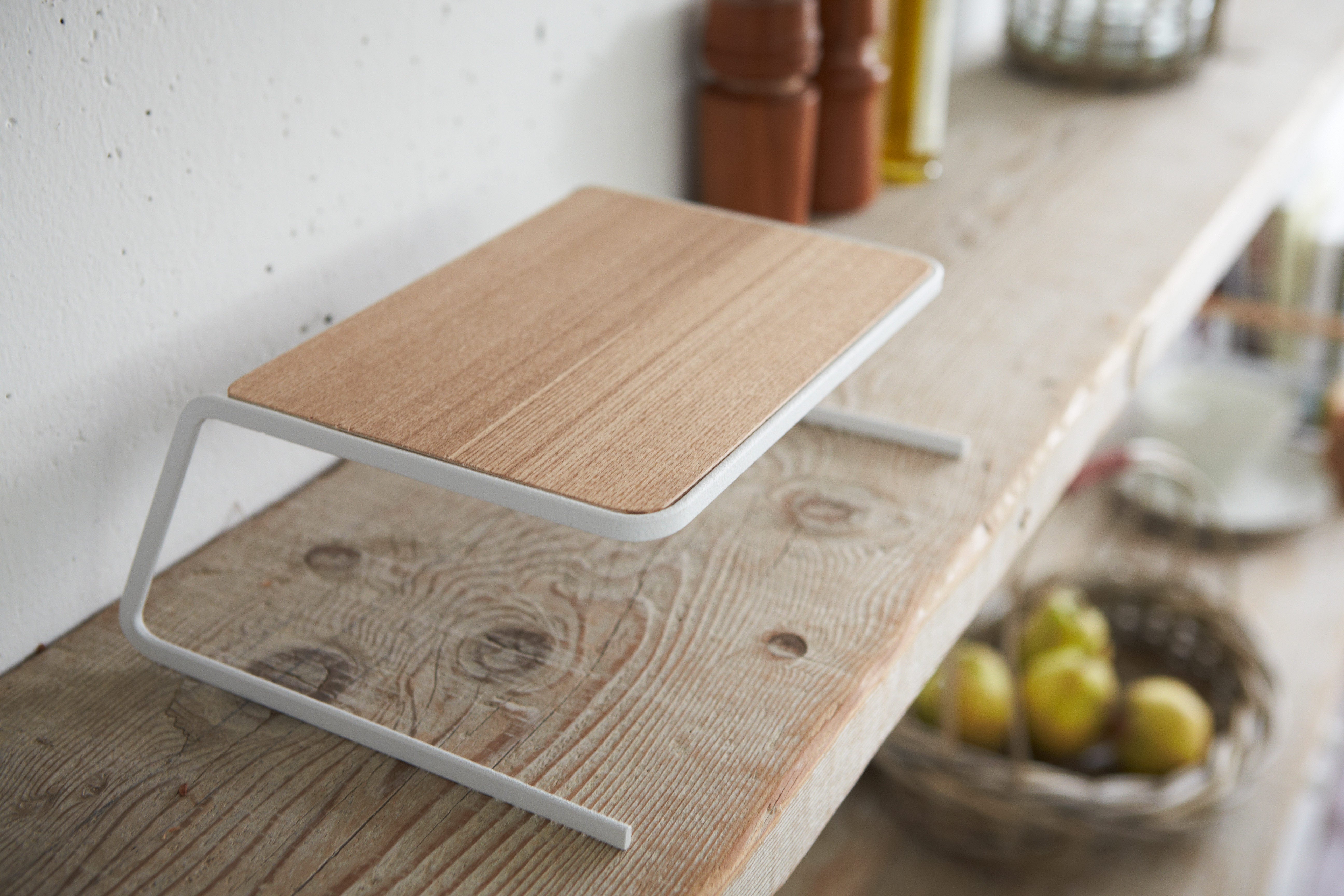 Stainless Steel & Wood Dish Riser Organizer - 2 Sizes for Kitchen Cabinet Storage | Space Saving Shelf for Plates, Bowls & Cookware