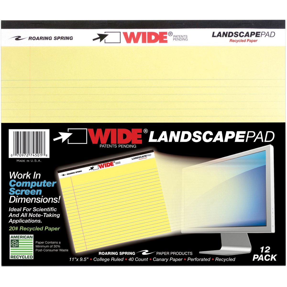 Roaring Spring Wide Landscape Canary Writing Pads - Case of 25, 40 Sheets per Pad, 11