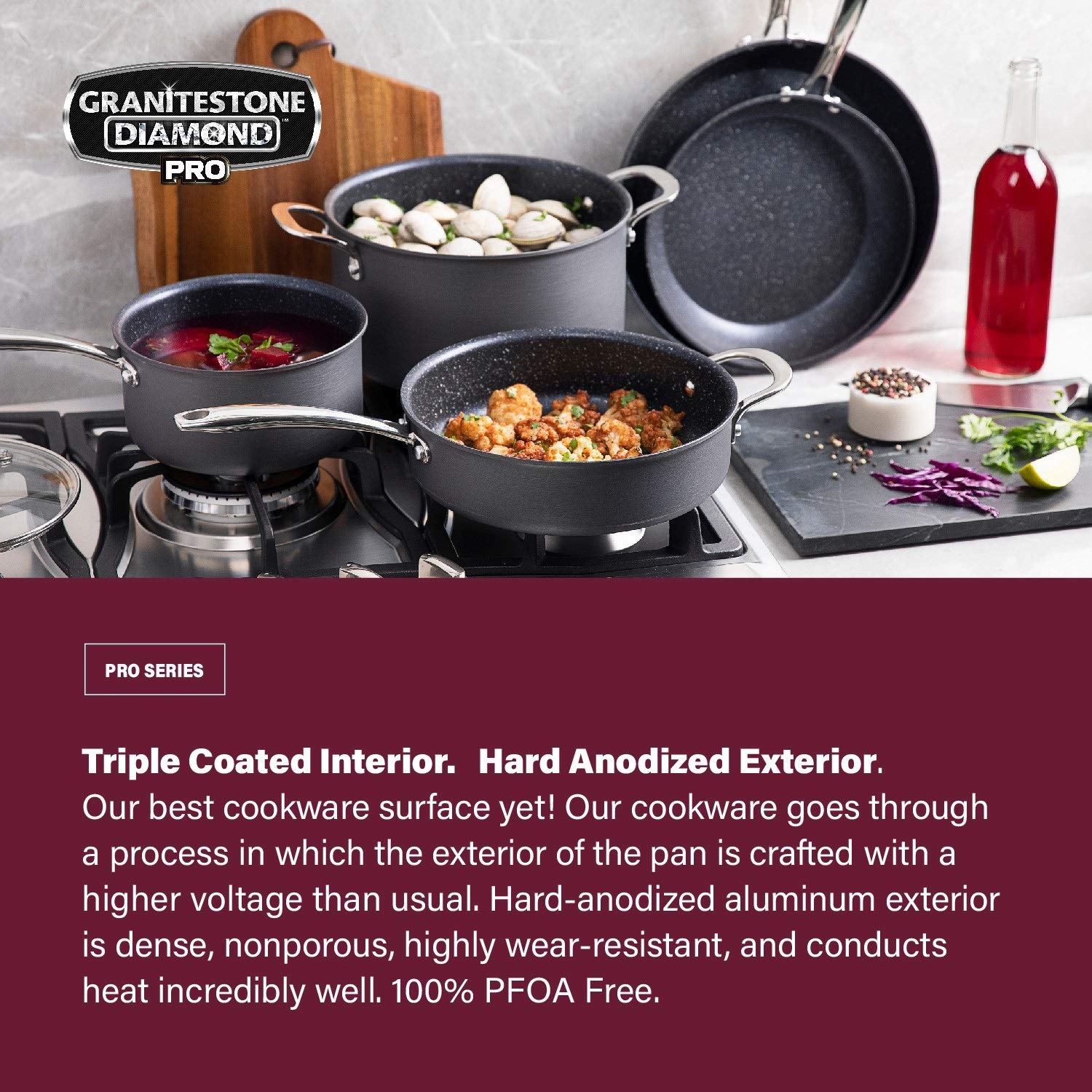 Granitestone Pro 20-Piece Nonstick Cookware and Bakeware Set - Hard Anodized Diamond Coating, Stainless Steel Cool-Touch Handles, Oven & Dishwasher Safe - Perfect for Home Cooking, Baking, and Family Meals