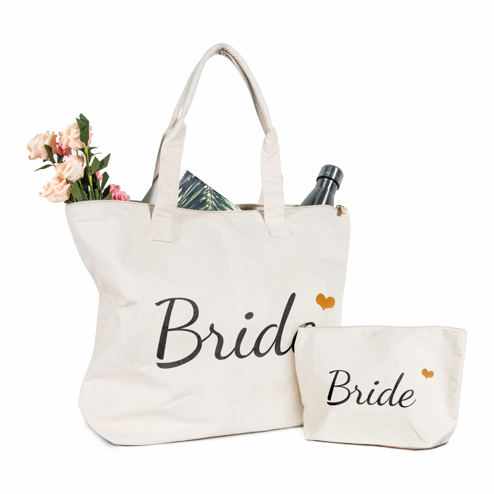 TOPDesign Bride Canvas Tote Bag - Perfect Wedding Gift for Engagement, Bridal Shower & Bachelorette Parties - Secure Top Zipper Closure - Ideal for Bridal Accessories, Wedding Day Essentials & Honeymoon Travel